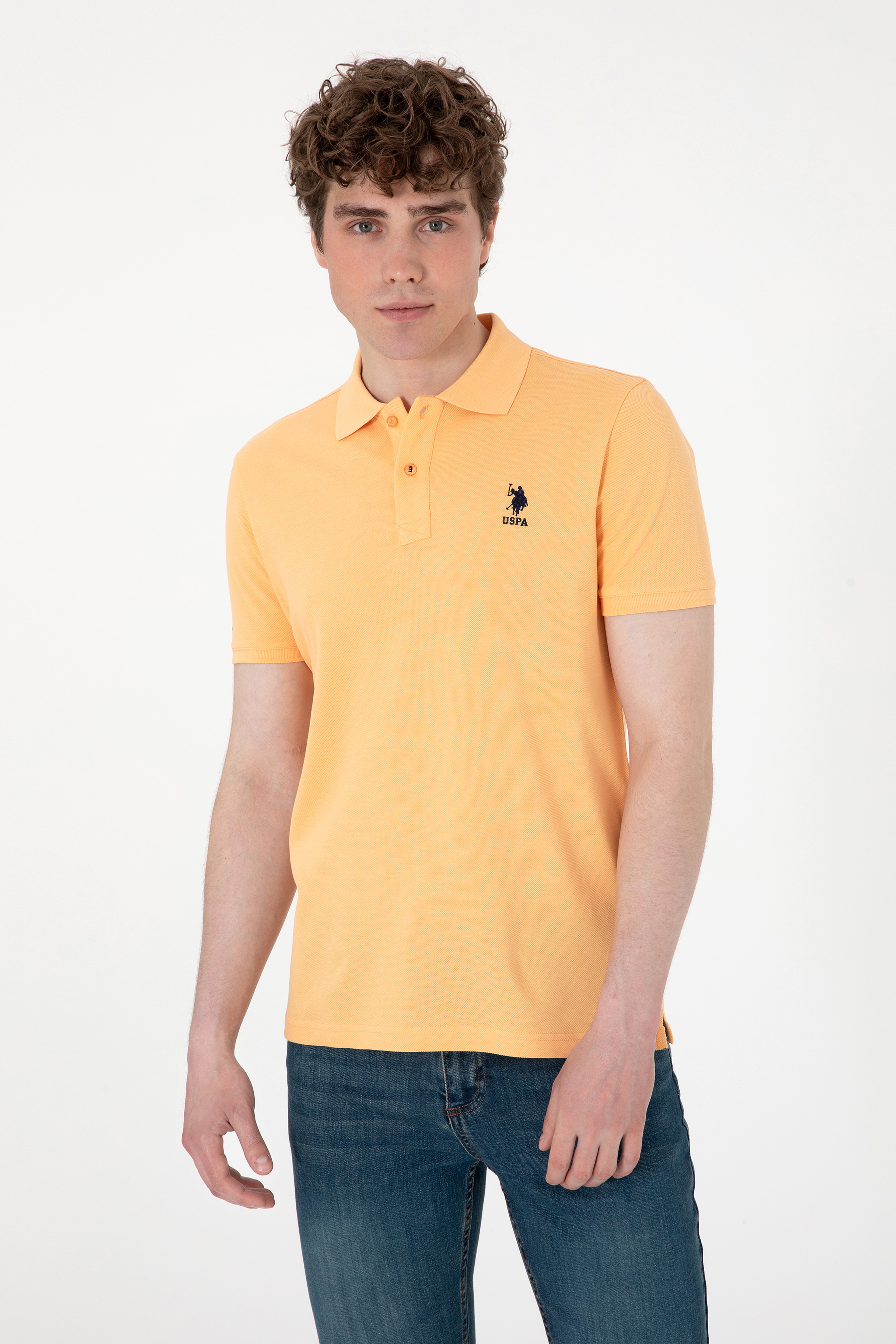 Erkek Slim Fit Polo Yaka Turuncu Basic Tişört