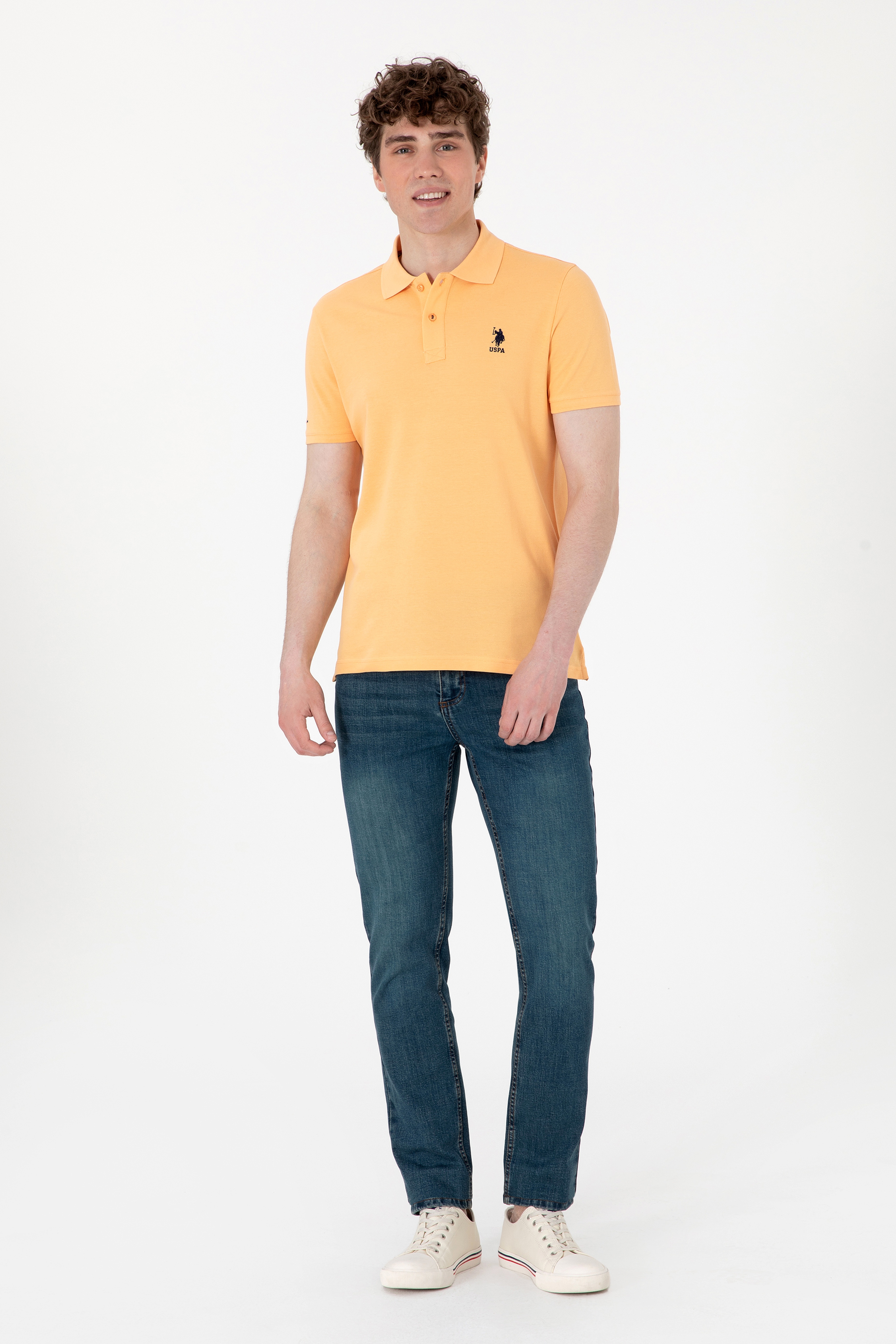 Erkek Slim Fit Polo Yaka Turuncu Basic Tişört