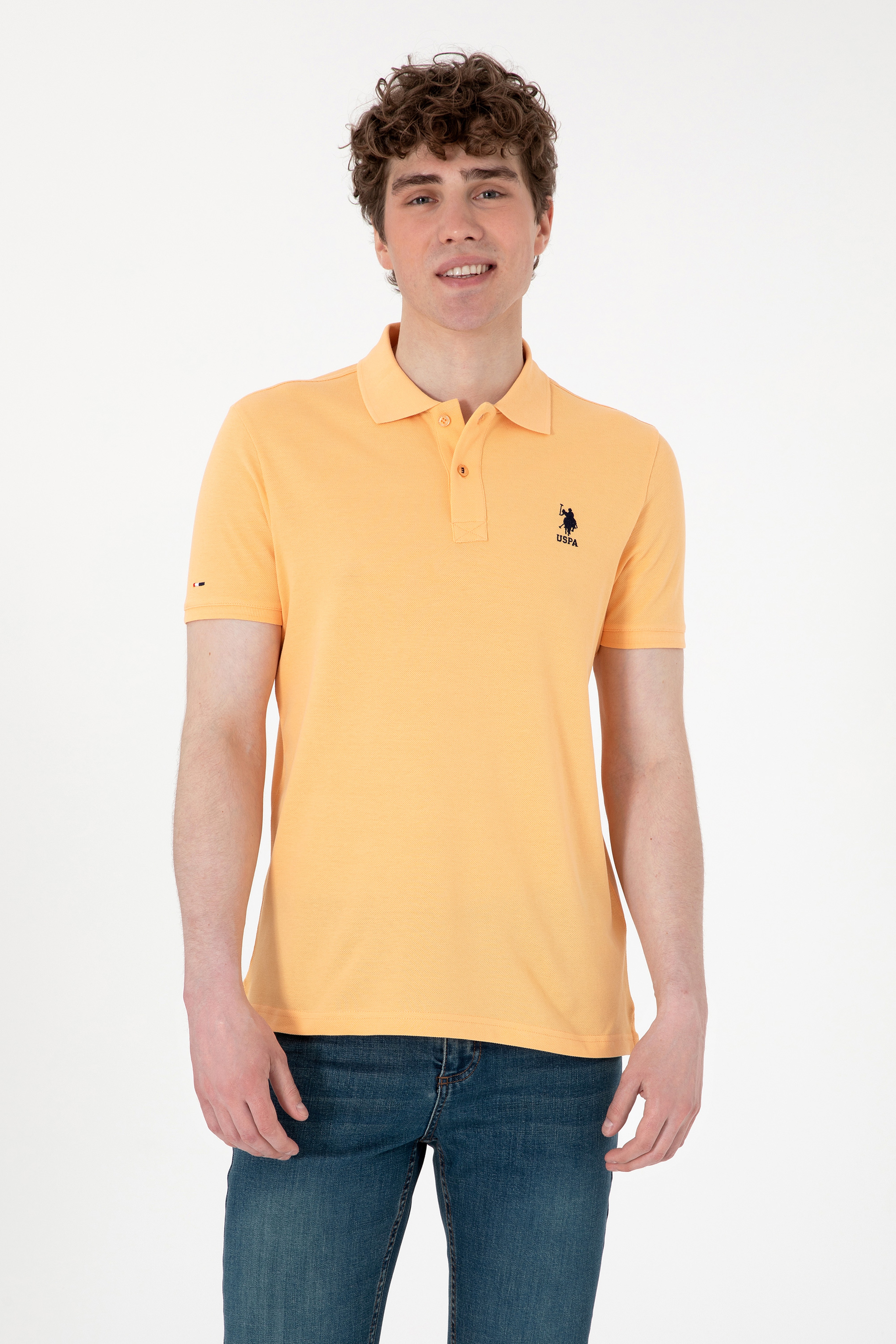 Erkek Slim Fit Polo Yaka Turuncu Basic Tişört - Image 1