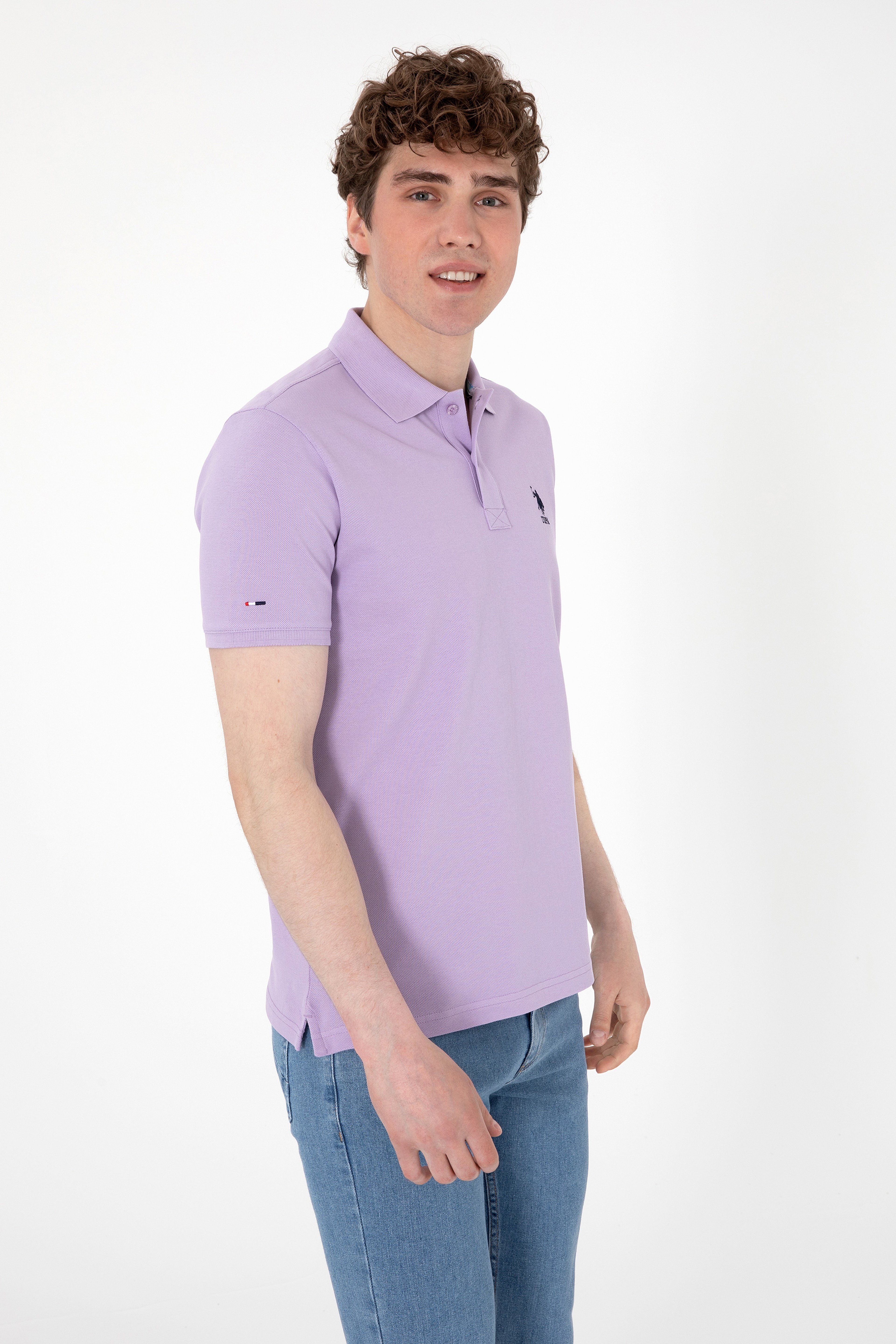 Erkek Slim Fit Polo Yaka Lila Basic Tişört - Image 3