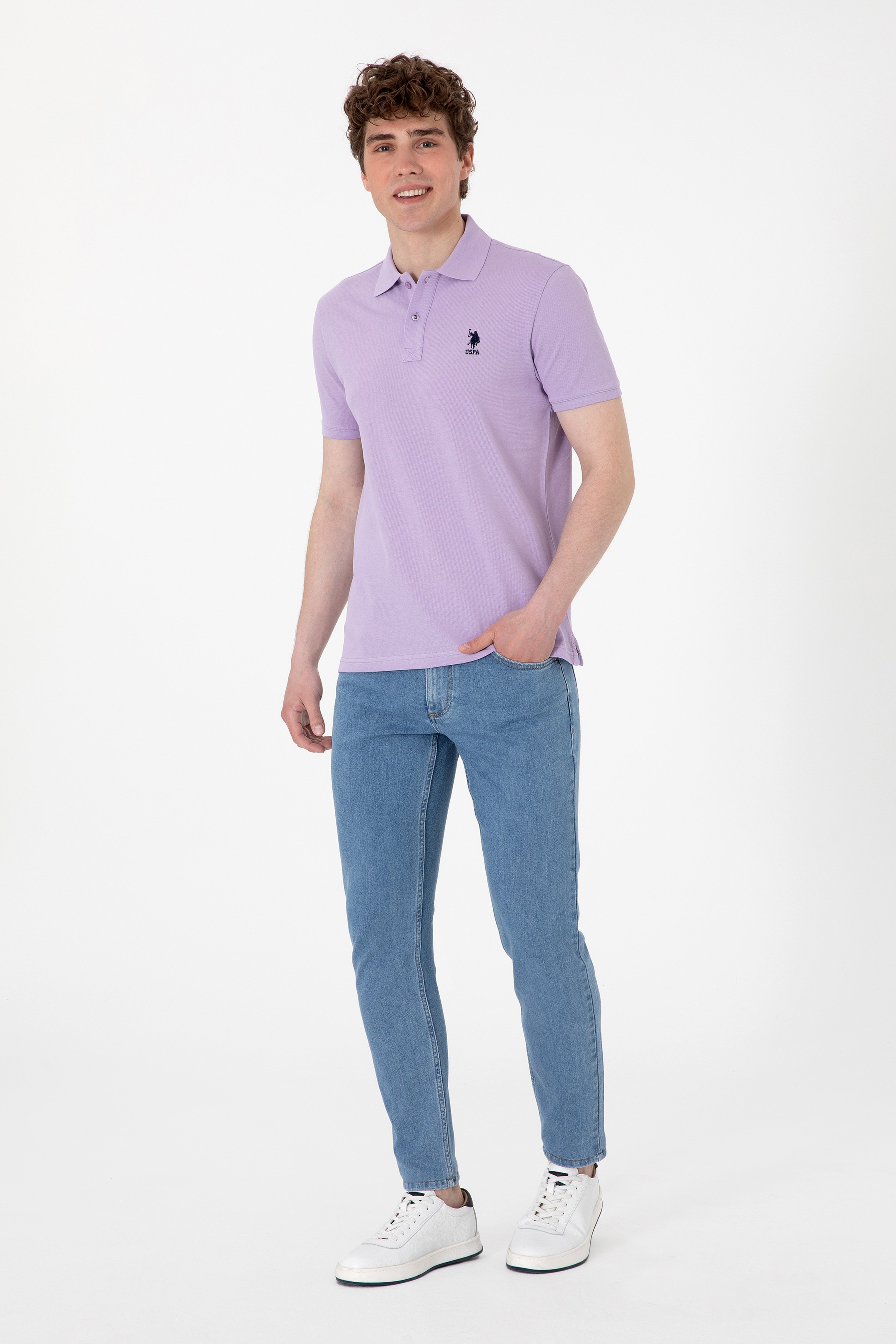 Erkek Slim Fit Polo Yaka Lila Basic Tişört - Image 4