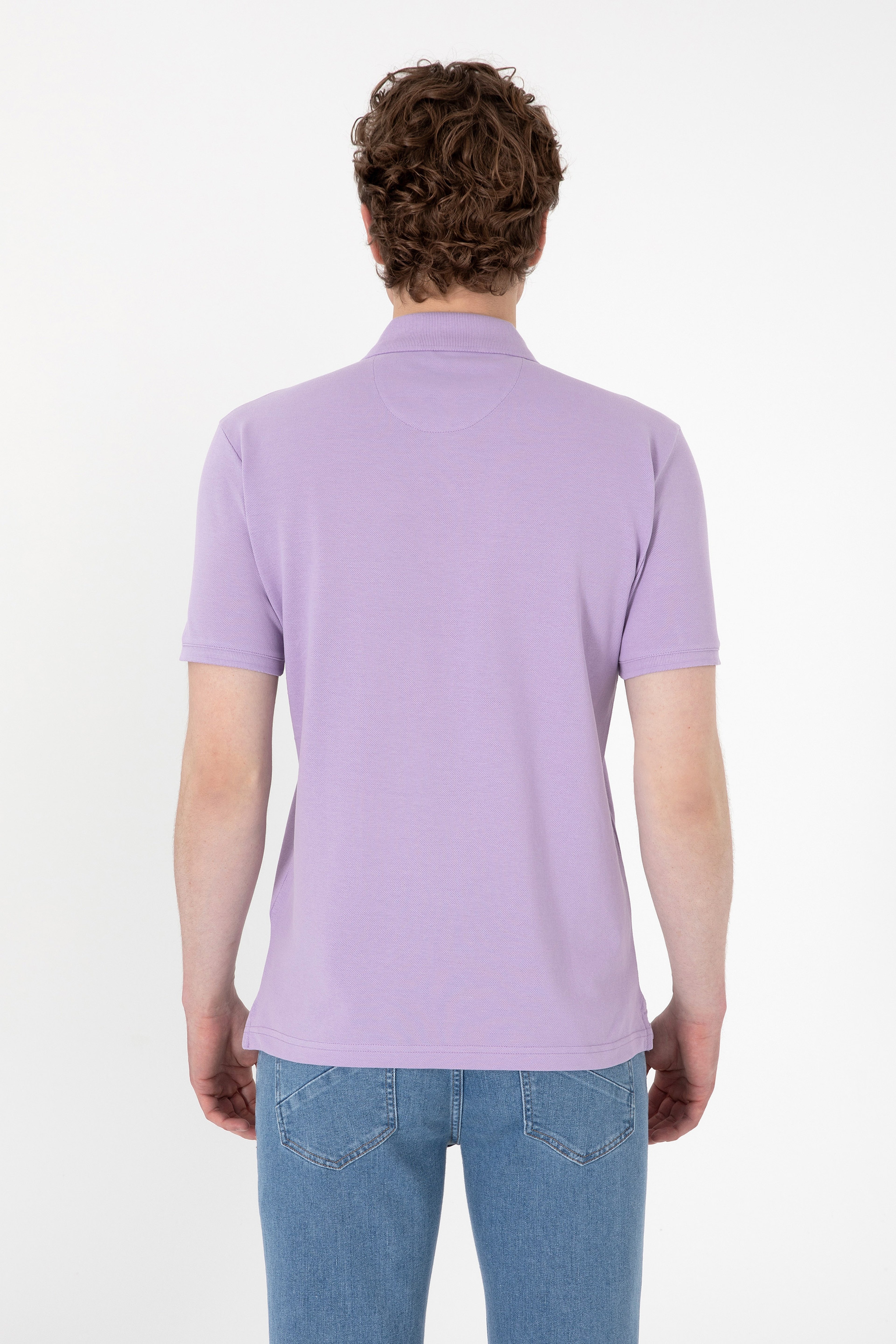 Erkek Slim Fit Polo Yaka Lila Basic Tişört