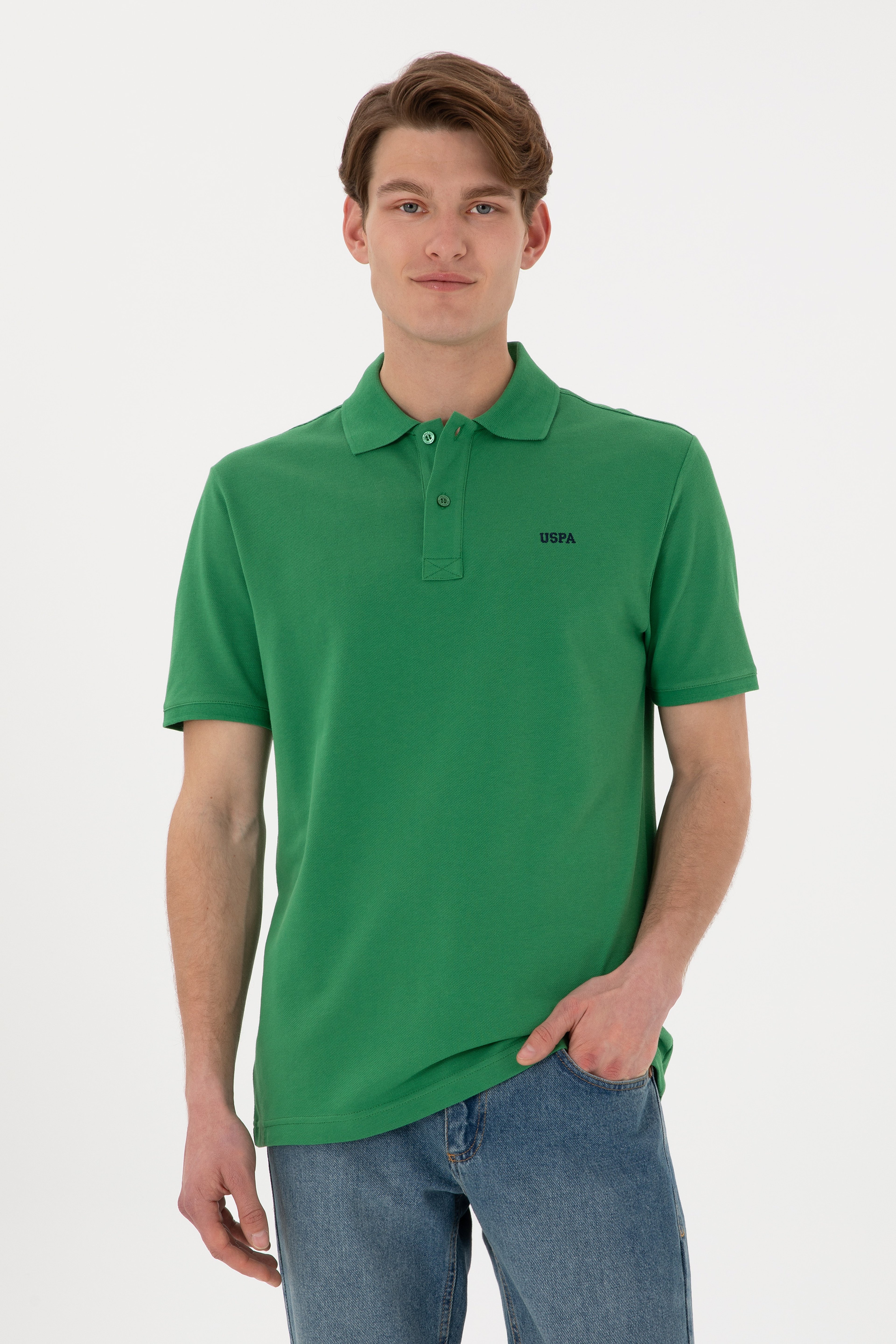 Erkek Regular Fit Polo Yaka Yeşil Basic Tişört - Image 1