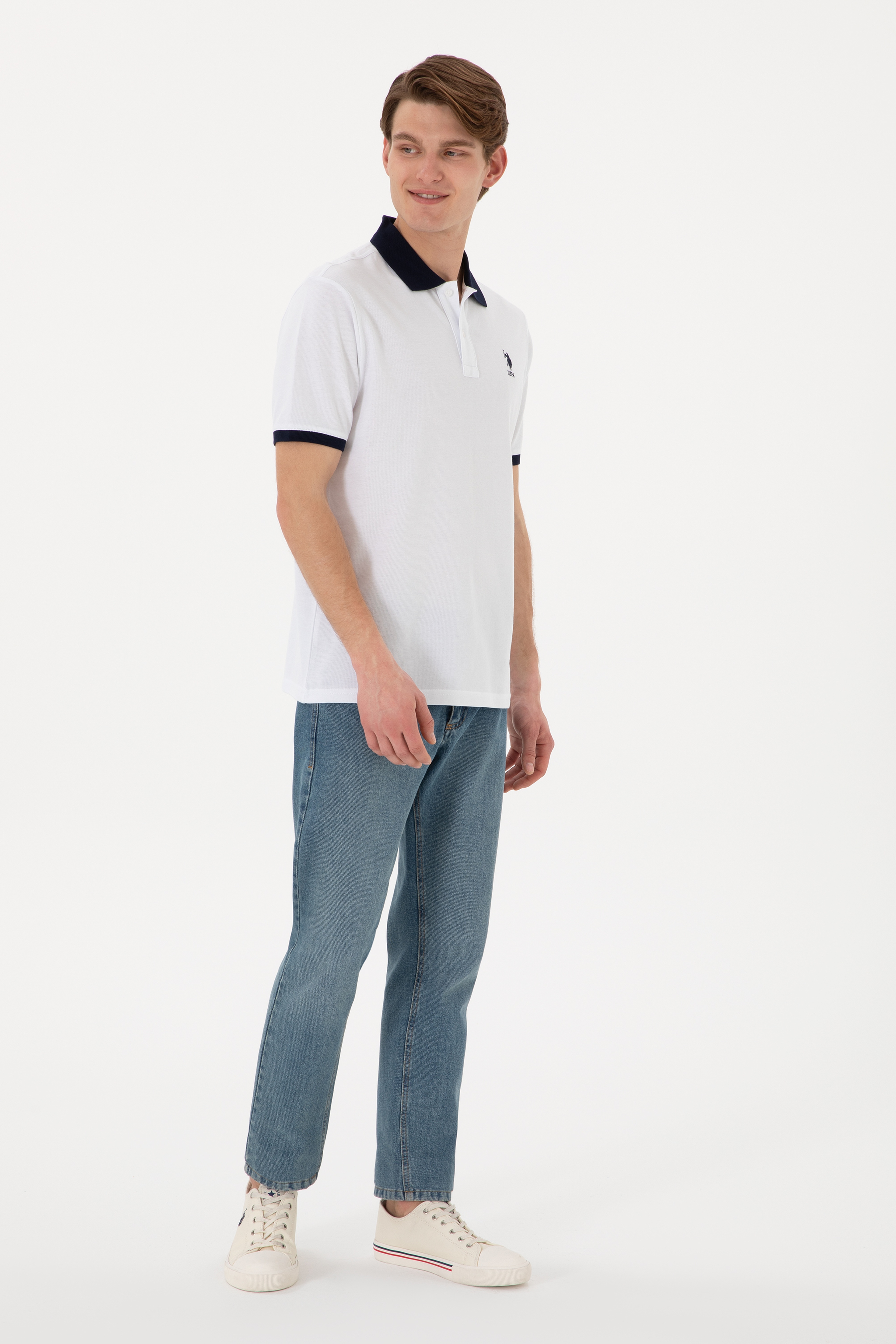 Erkek Regular Fit Polo Yaka Beyaz Basic Tişört - Image 5