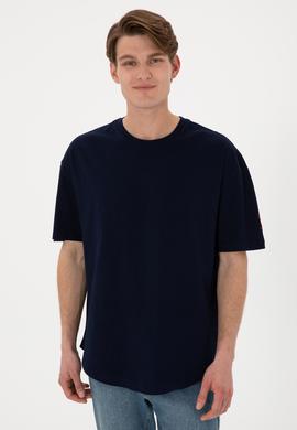 Erkek Long Fit Bisiklet Yaka Lacivert Basic Tişört - 50305988028