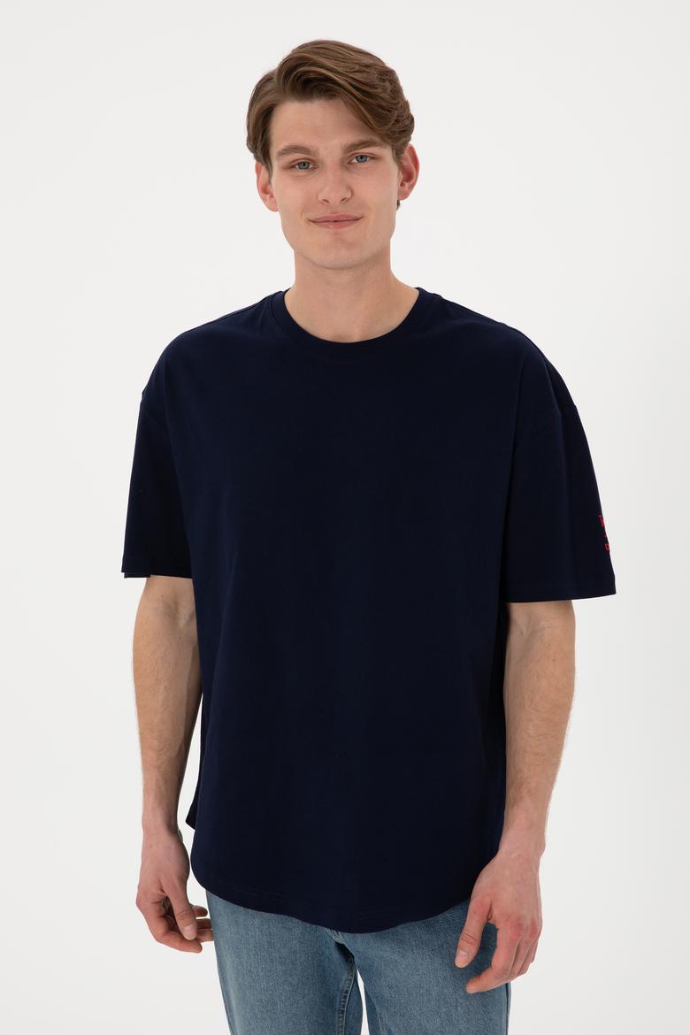 Erkek Long Fit Bisiklet Yaka Lacivert Basic Tişört - 50305988028