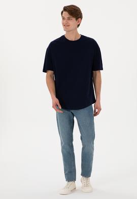 Erkek Long Fit Bisiklet Yaka Lacivert Basic Tişört - 50305988028