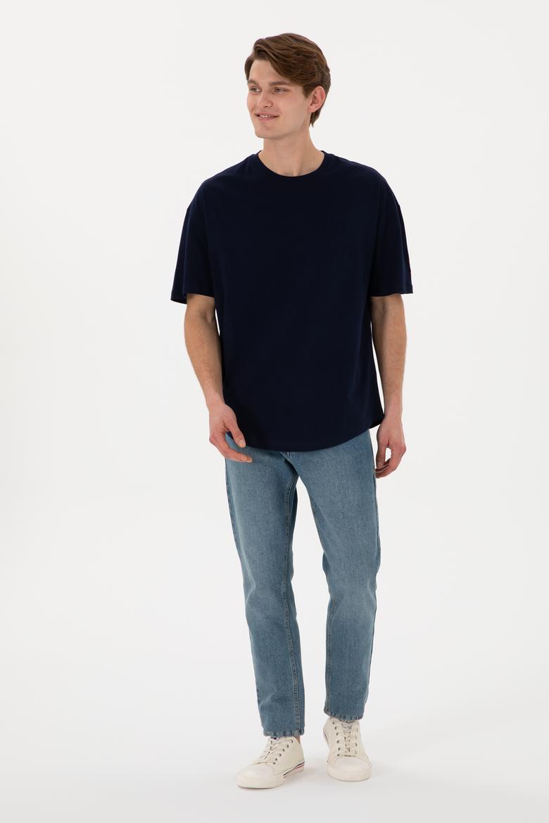 Erkek Long Fit Bisiklet Yaka Lacivert Basic Tişört - 50305988028