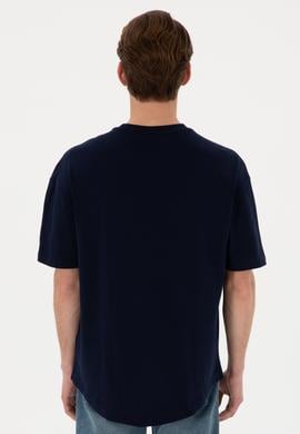 Erkek Long Fit Bisiklet Yaka Lacivert Basic Tişört - 50305988028