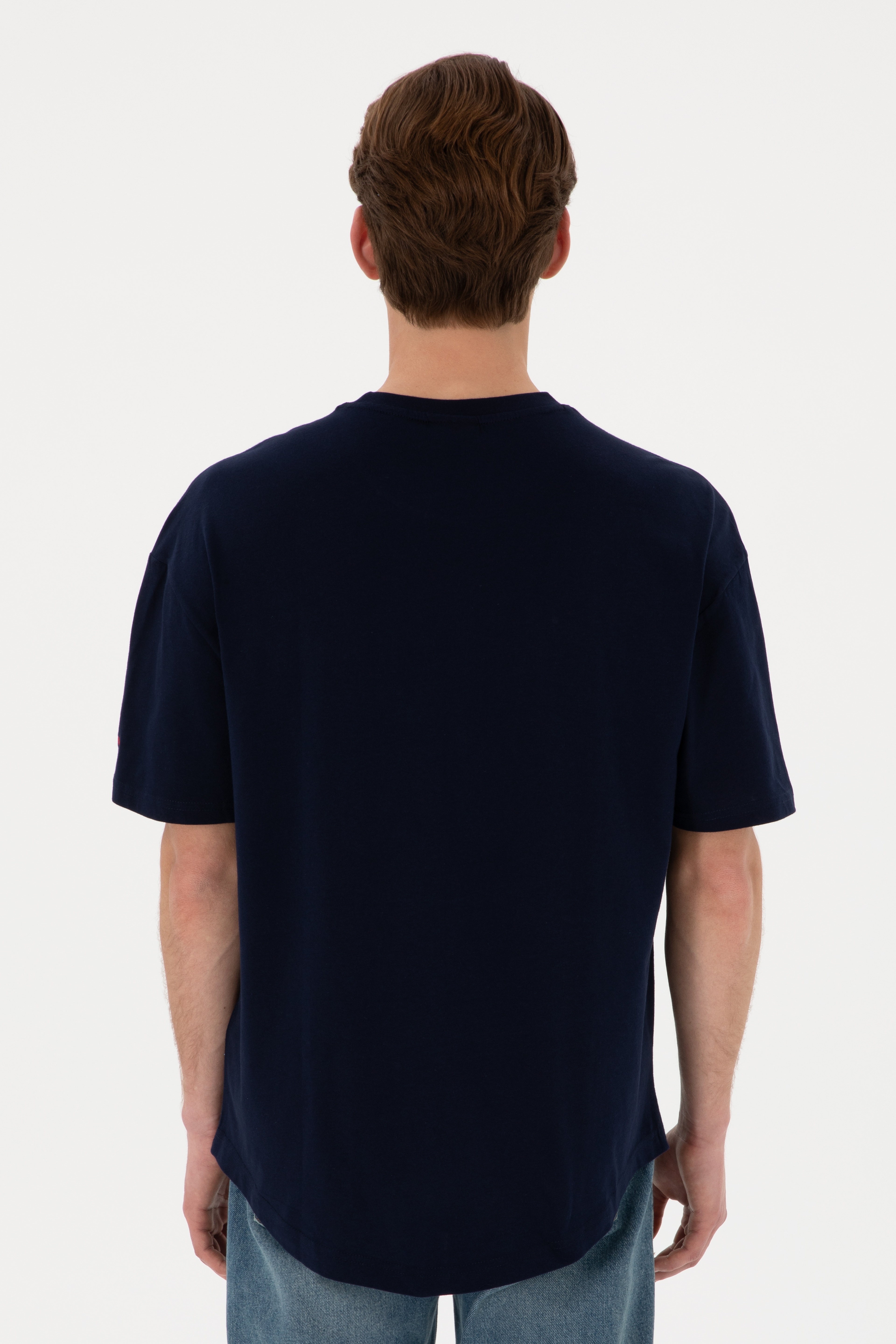 Erkek Long Fit Bisiklet Yaka Lacivert Basic Tişört - Image 6