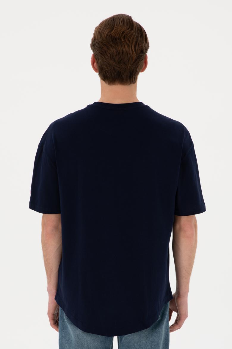 Erkek Long Fit Bisiklet Yaka Lacivert Basic Tişört - 50305988028