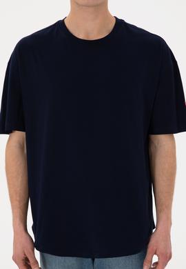 Erkek Long Fit Bisiklet Yaka Lacivert Basic Tişört - 50305988028