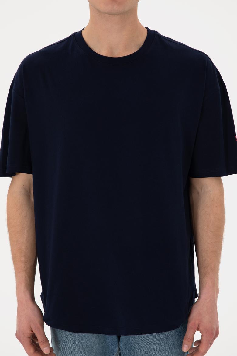 Erkek Long Fit Bisiklet Yaka Lacivert Basic Tişört - 50305988028