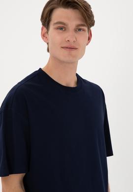 Erkek Long Fit Bisiklet Yaka Lacivert Basic Tişört - 50305988028