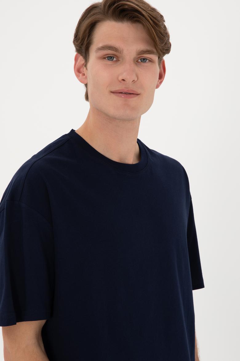 Erkek Long Fit Bisiklet Yaka Lacivert Basic Tişört - 50305988028