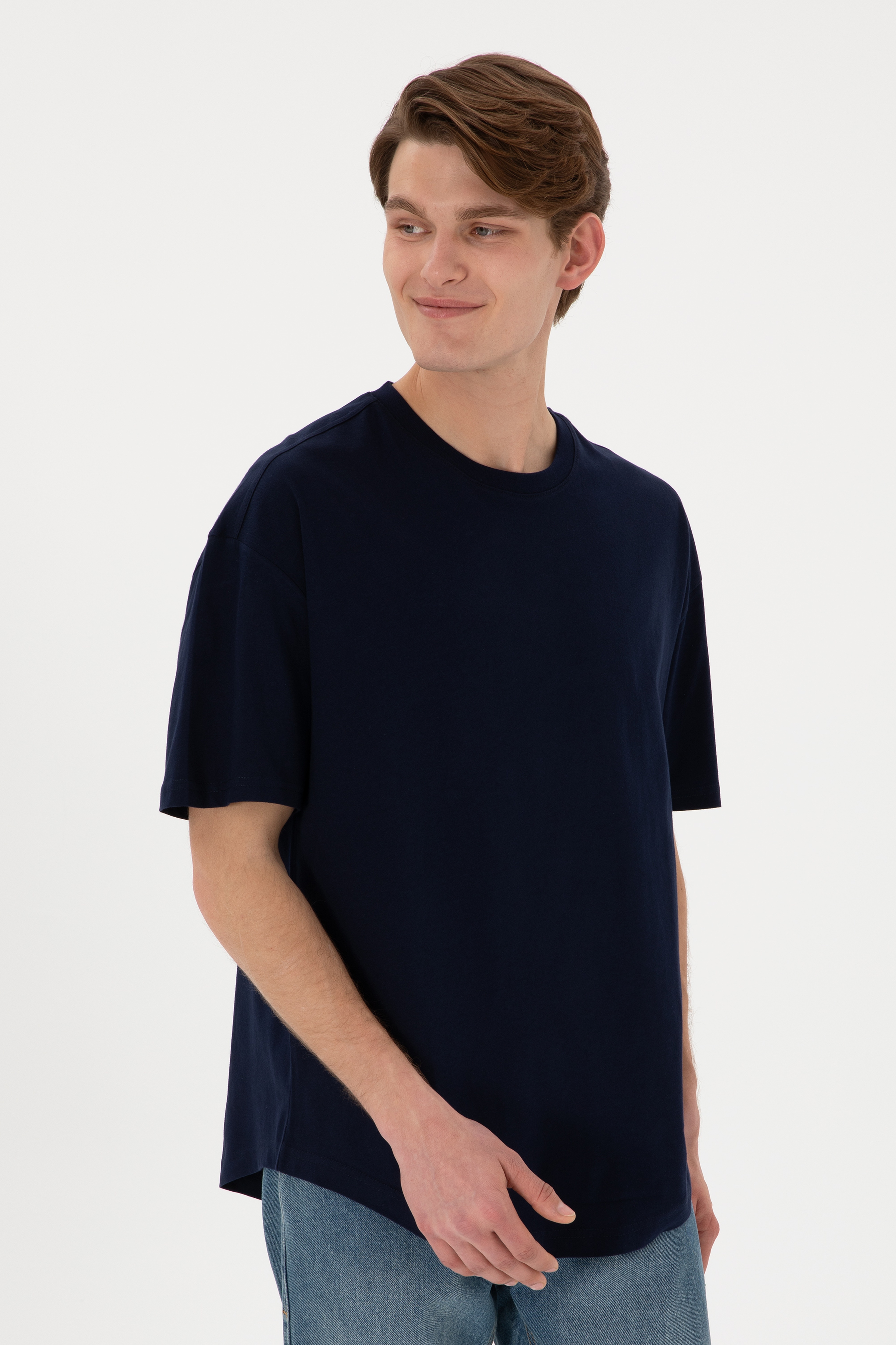 Erkek Long Fit Bisiklet Yaka Lacivert Basic Tişört - Image 2