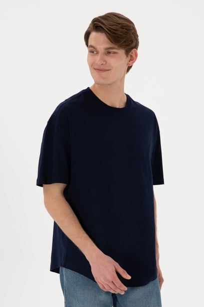 Erkek Long Fit Bisiklet Yaka Lacivert Basic Tişört
