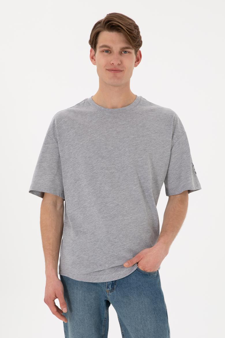 Erkek Long Fit Bisiklet Yaka Gri Melanj Basic Tişört