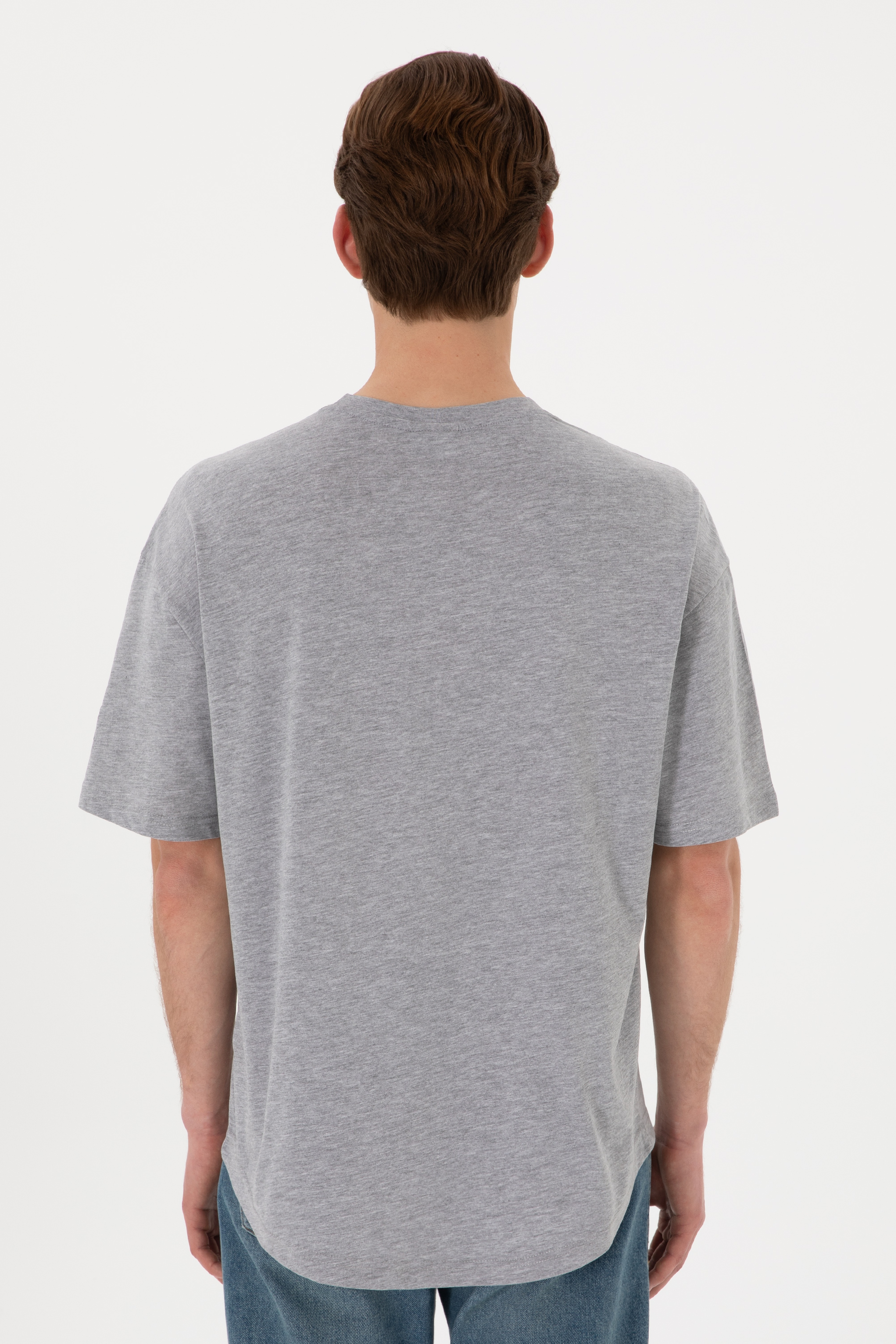Erkek Long Fit Bisiklet Yaka Gri Melanj Basic Tişört