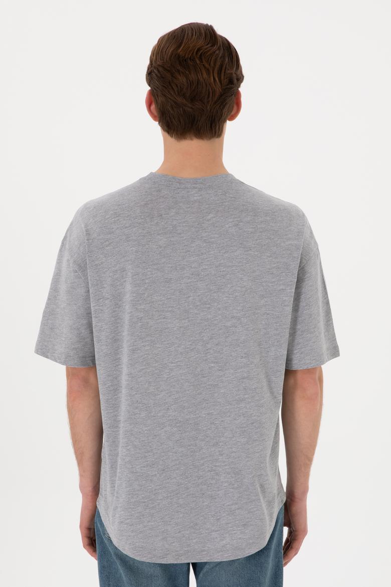 Erkek Long Fit Bisiklet Yaka Gri Melanj Basic Tişört - 50305988048