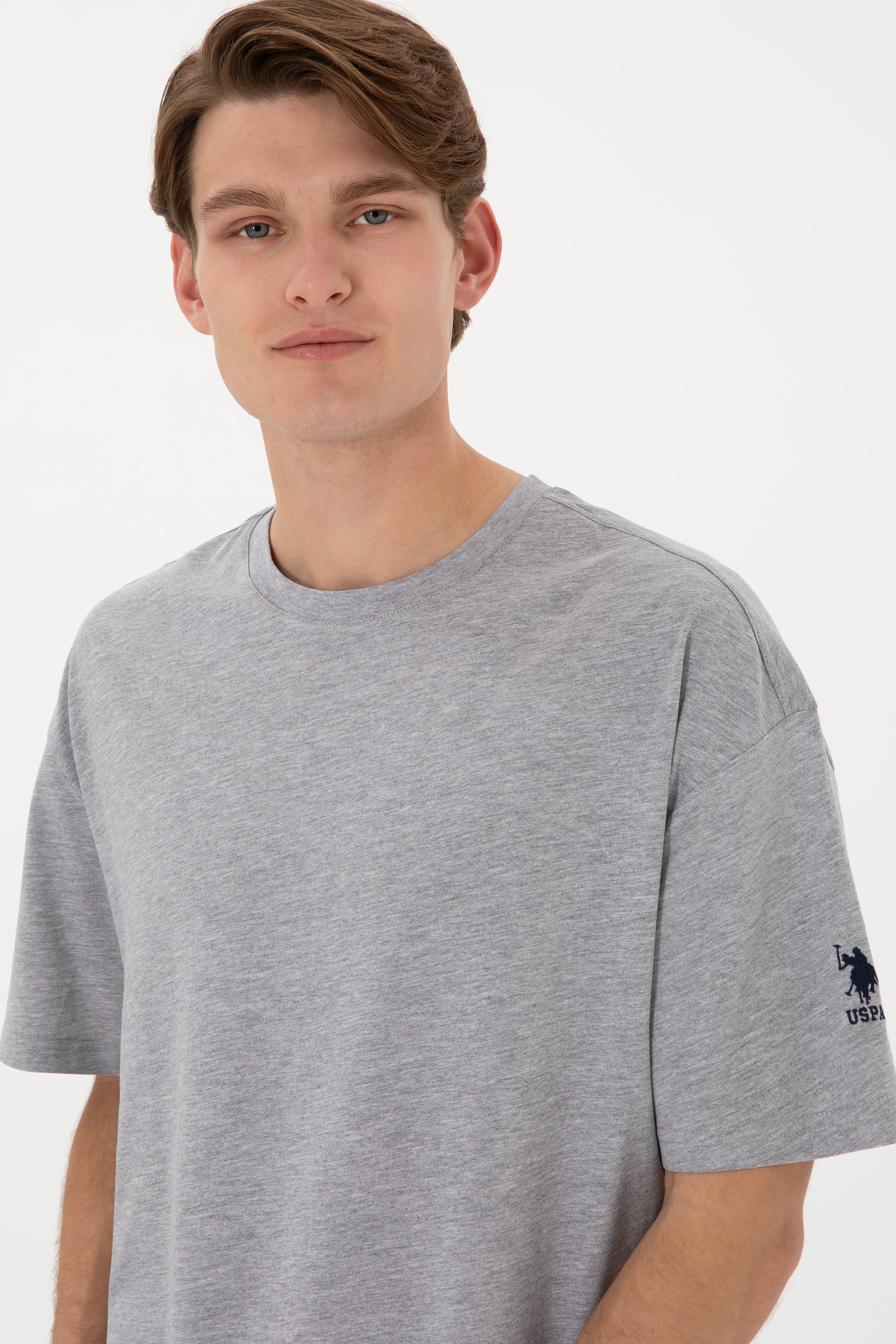 Erkek Long Fit Bisiklet Yaka Gri Melanj Basic Tişört