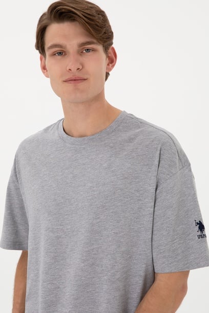 Erkek Long Fit Bisiklet Yaka Gri Melanj Basic Tişört