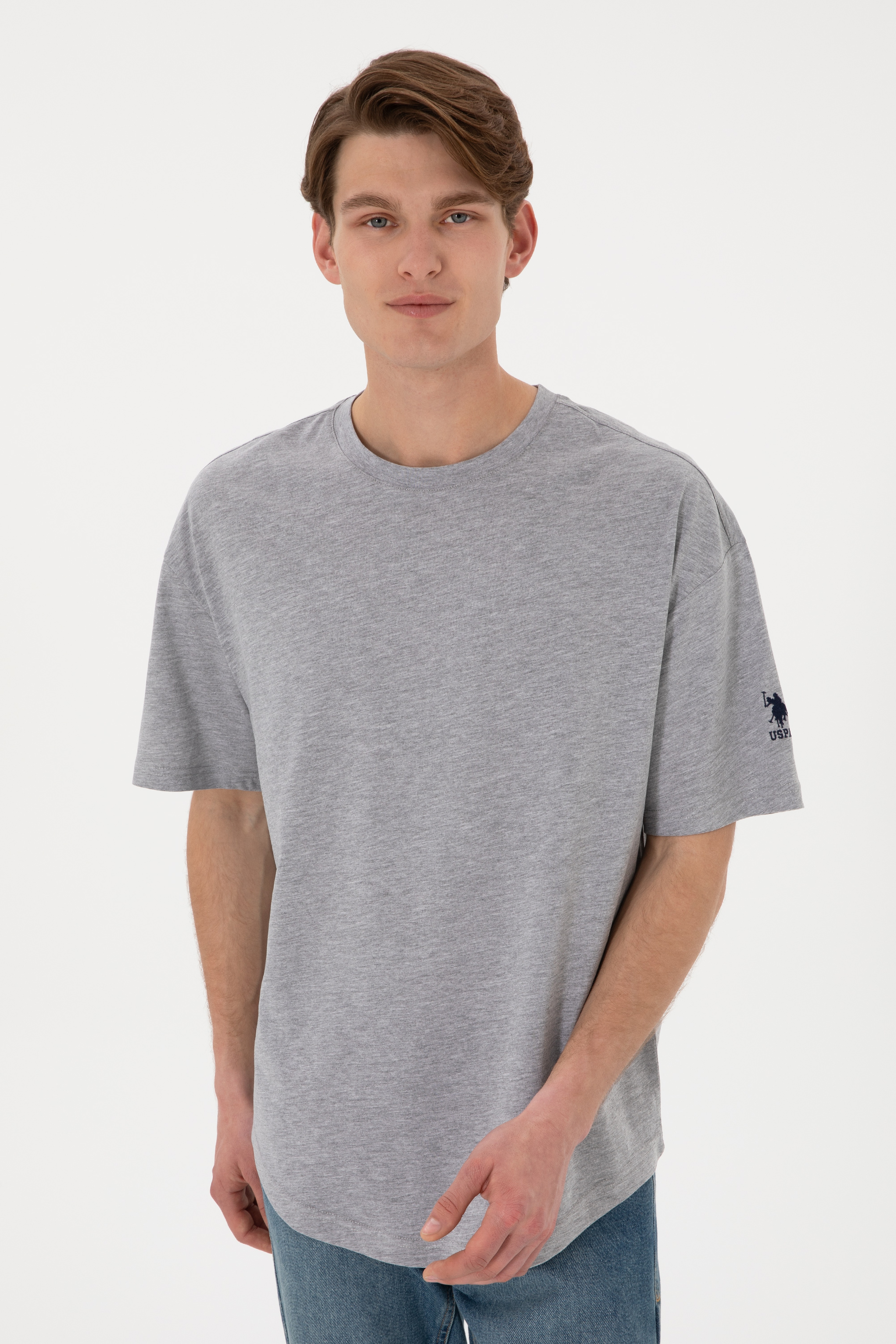 Erkek Long Fit Bisiklet Yaka Gri Melanj Basic Tişört