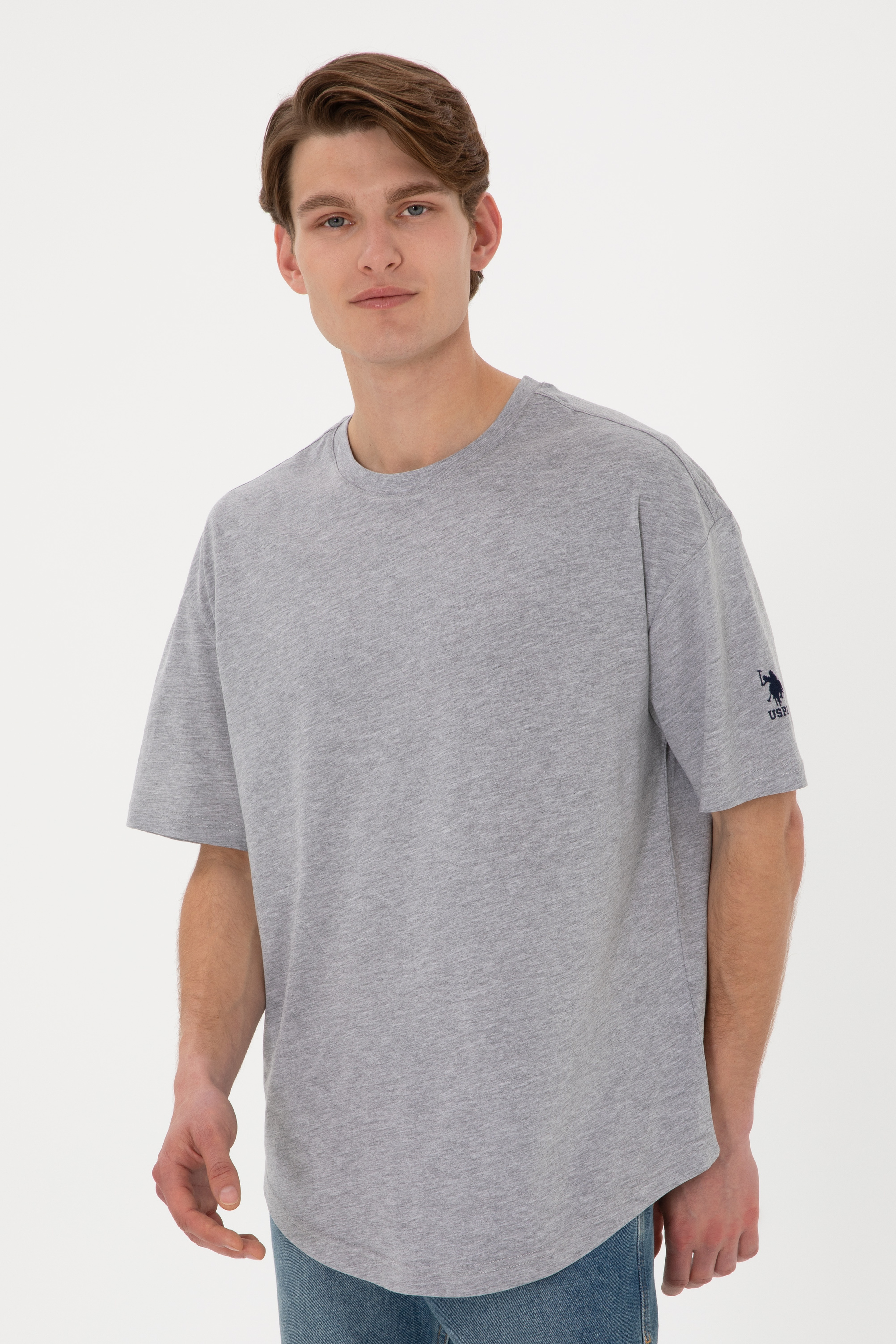 Erkek Long Fit Bisiklet Yaka Gri Melanj Basic Tişört - Image 2