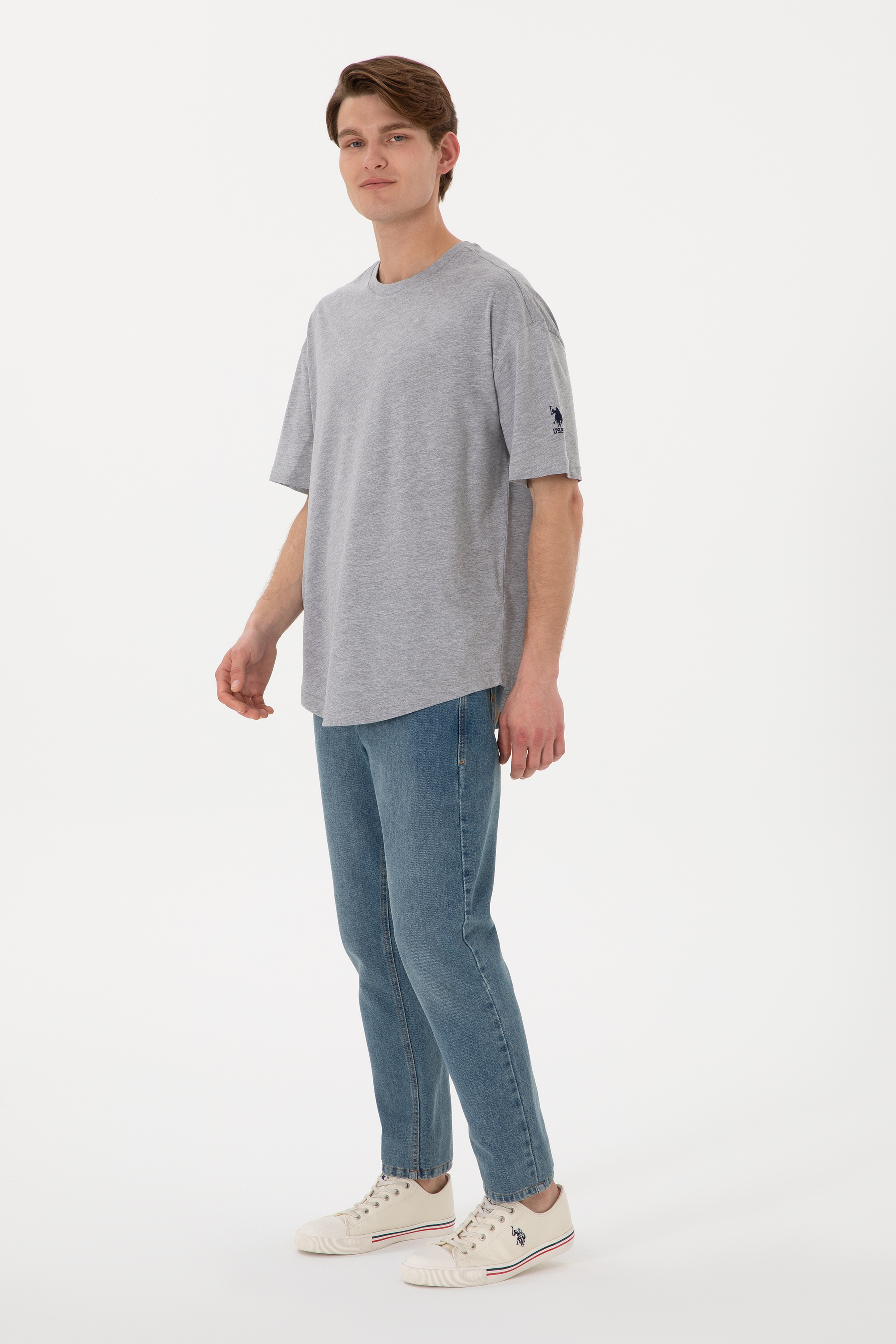 Erkek Long Fit Bisiklet Yaka Gri Melanj Basic Tişört - Image 5