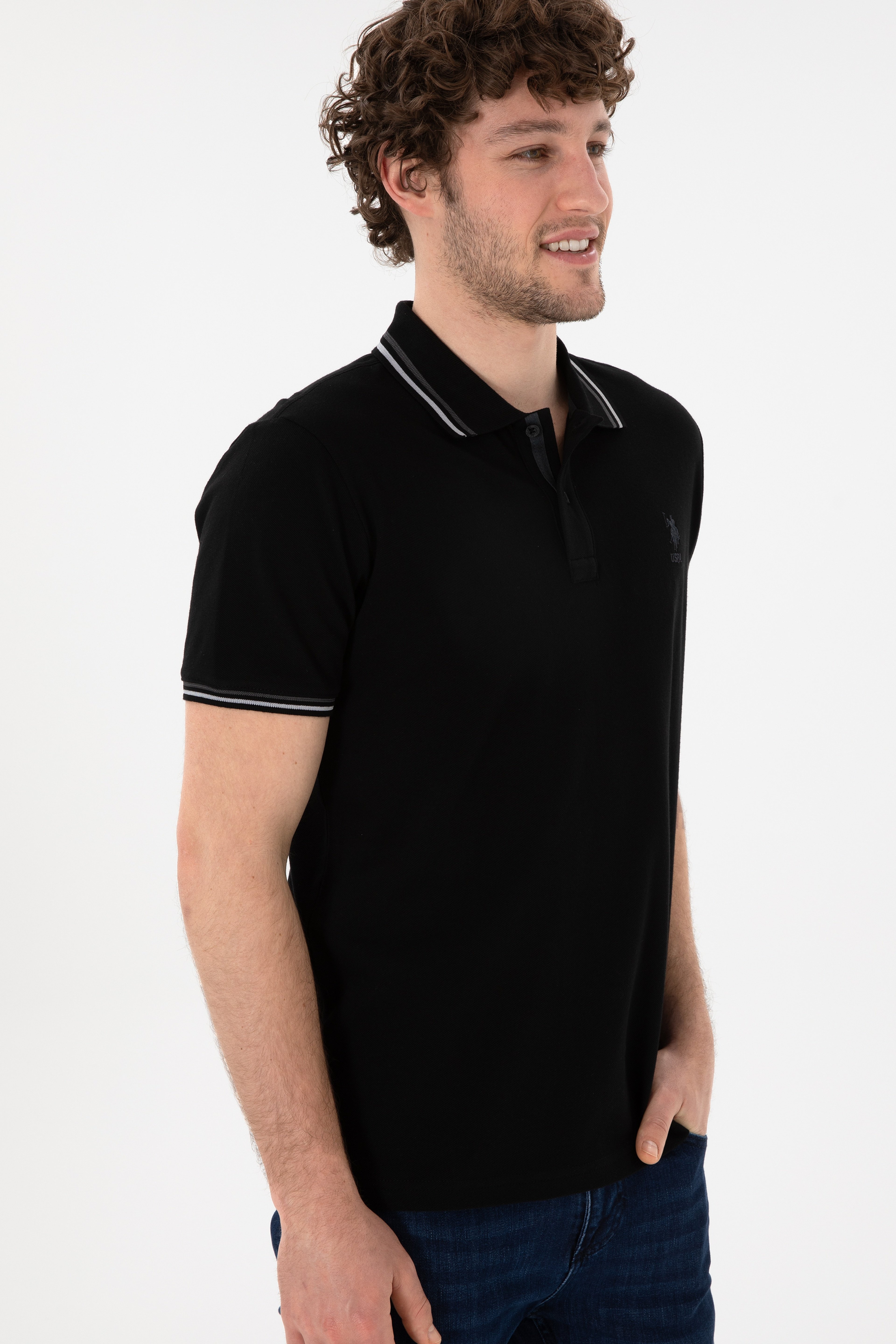 Erkek Regular Fit Polo Yaka Siyah Basic Tişört - Image 4