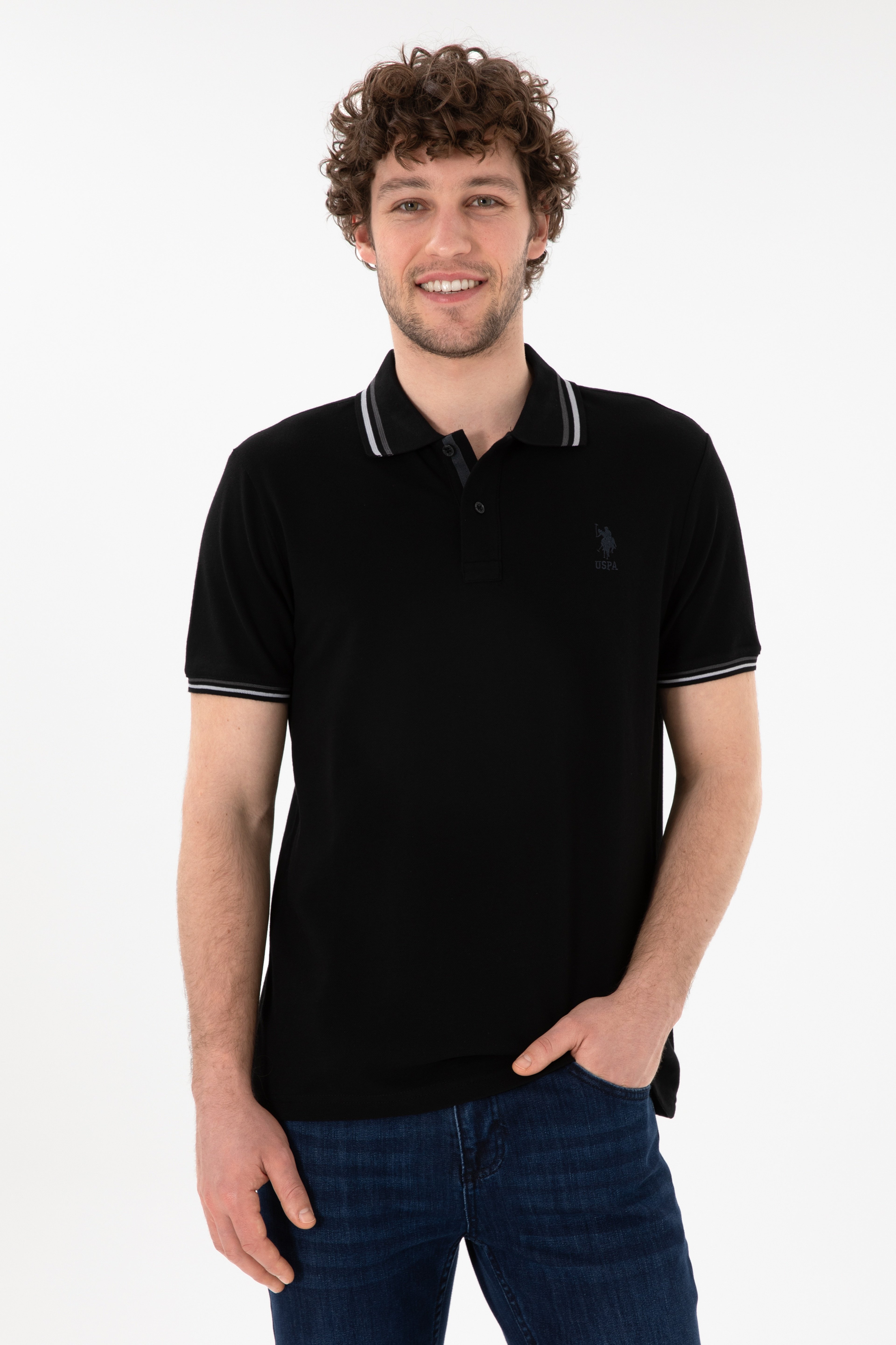 Erkek Regular Fit Polo Yaka Siyah Basic Tişört - Image 1