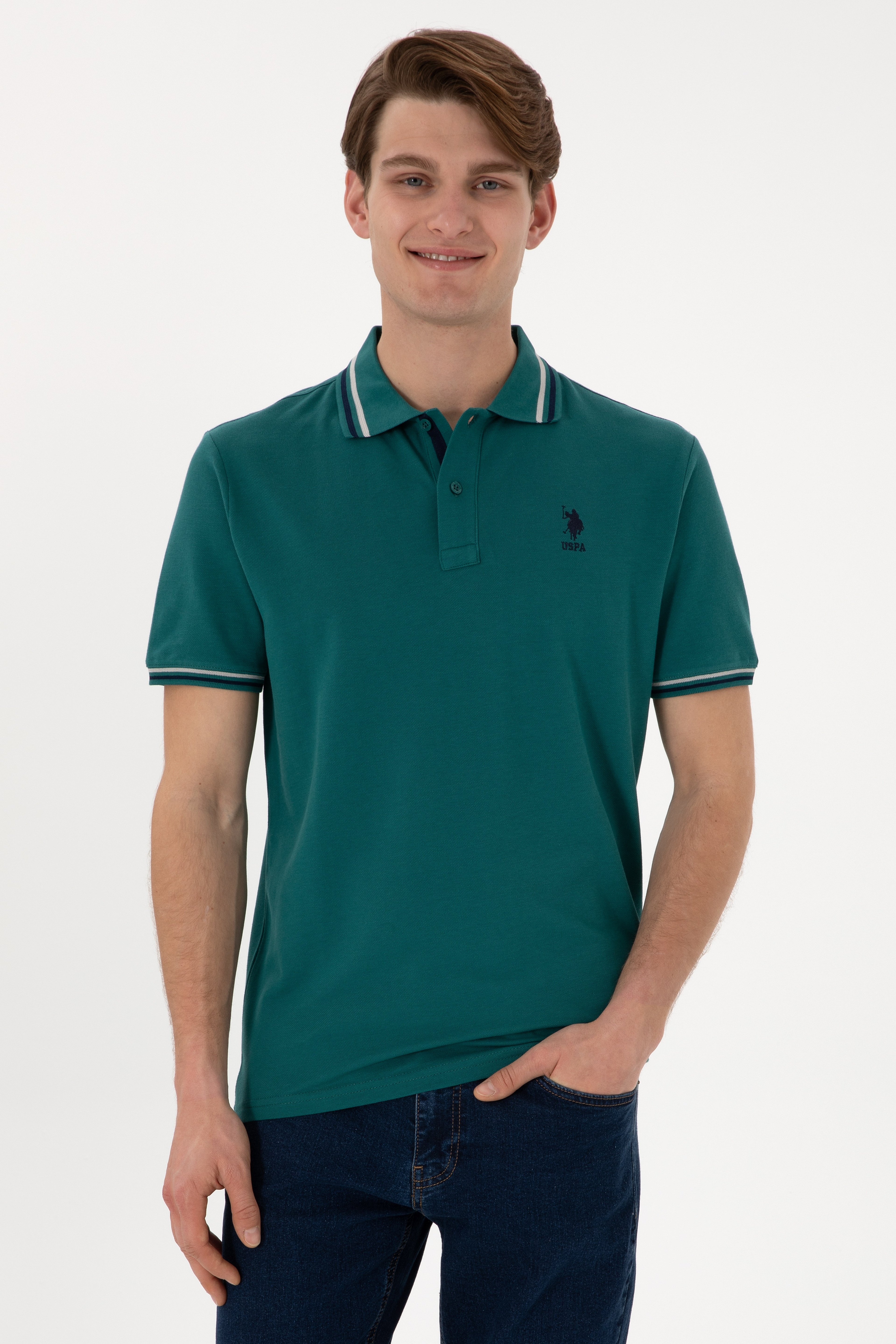 Erkek Regular Fit Polo Yaka Koyu Yeşil Basic Tişört - Image 1