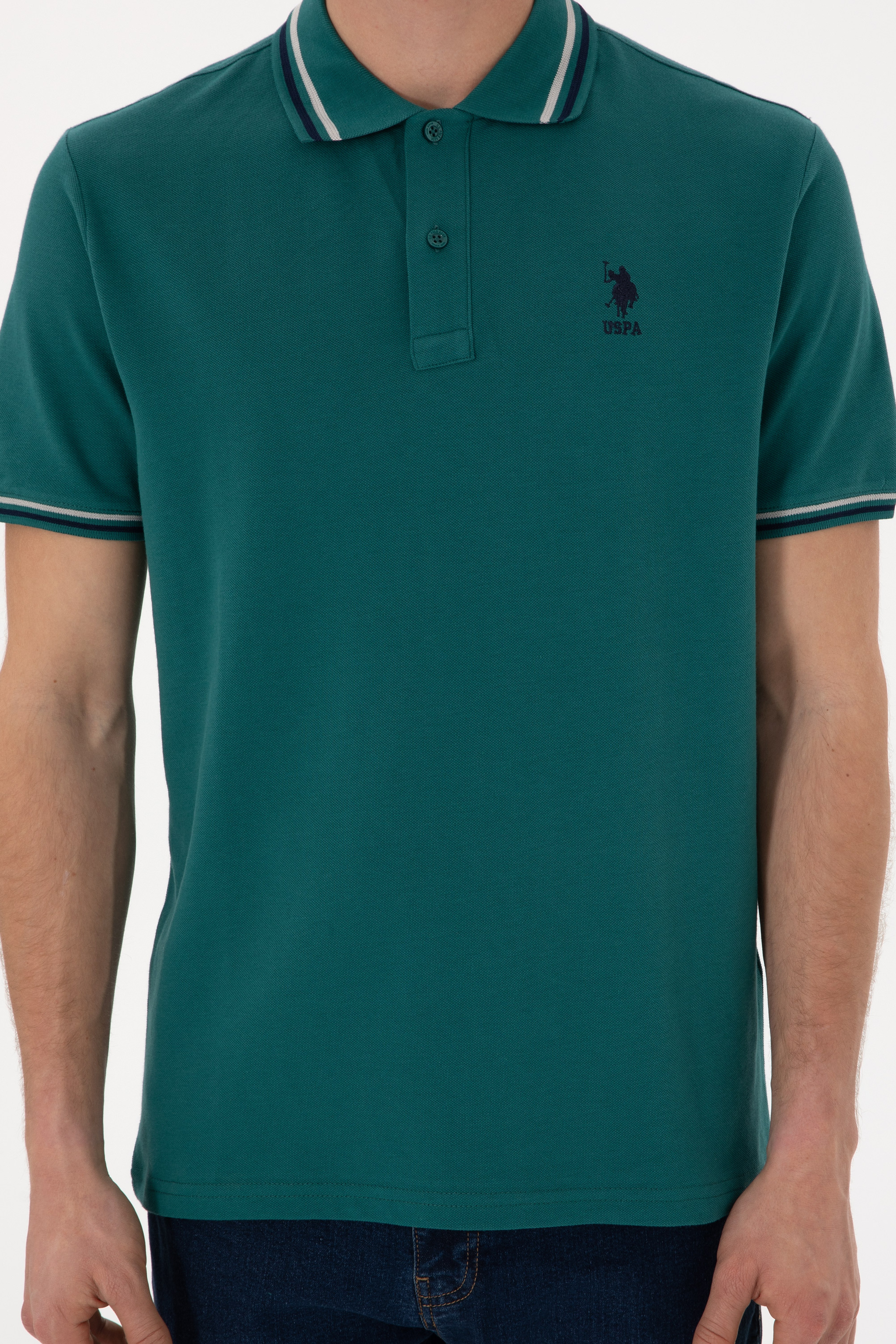 Erkek Regular Fit Polo Yaka Koyu Yeşil Basic Tişört - Image 7