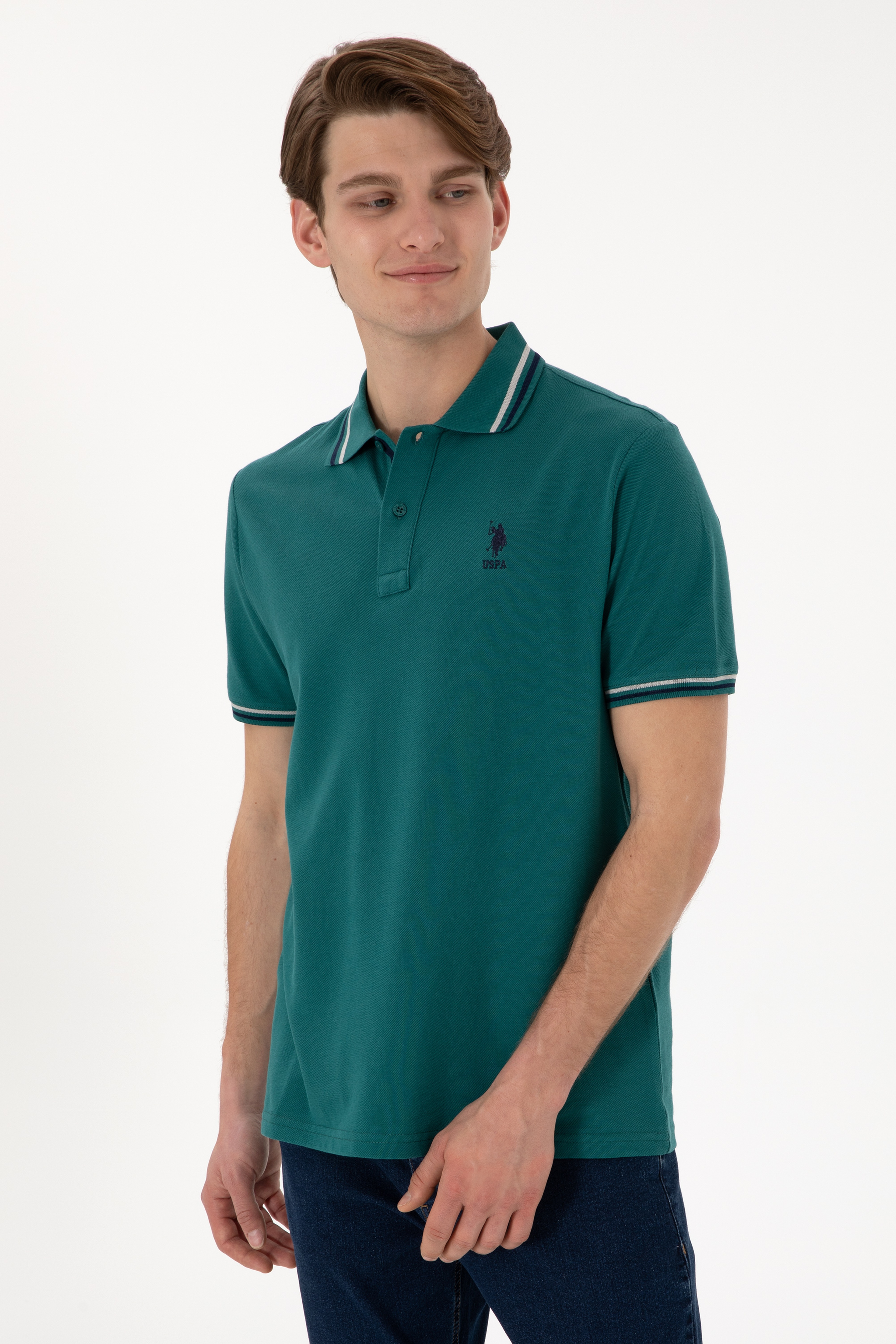 Erkek Regular Fit Polo Yaka Koyu Yeşil Basic Tişört - Image 2