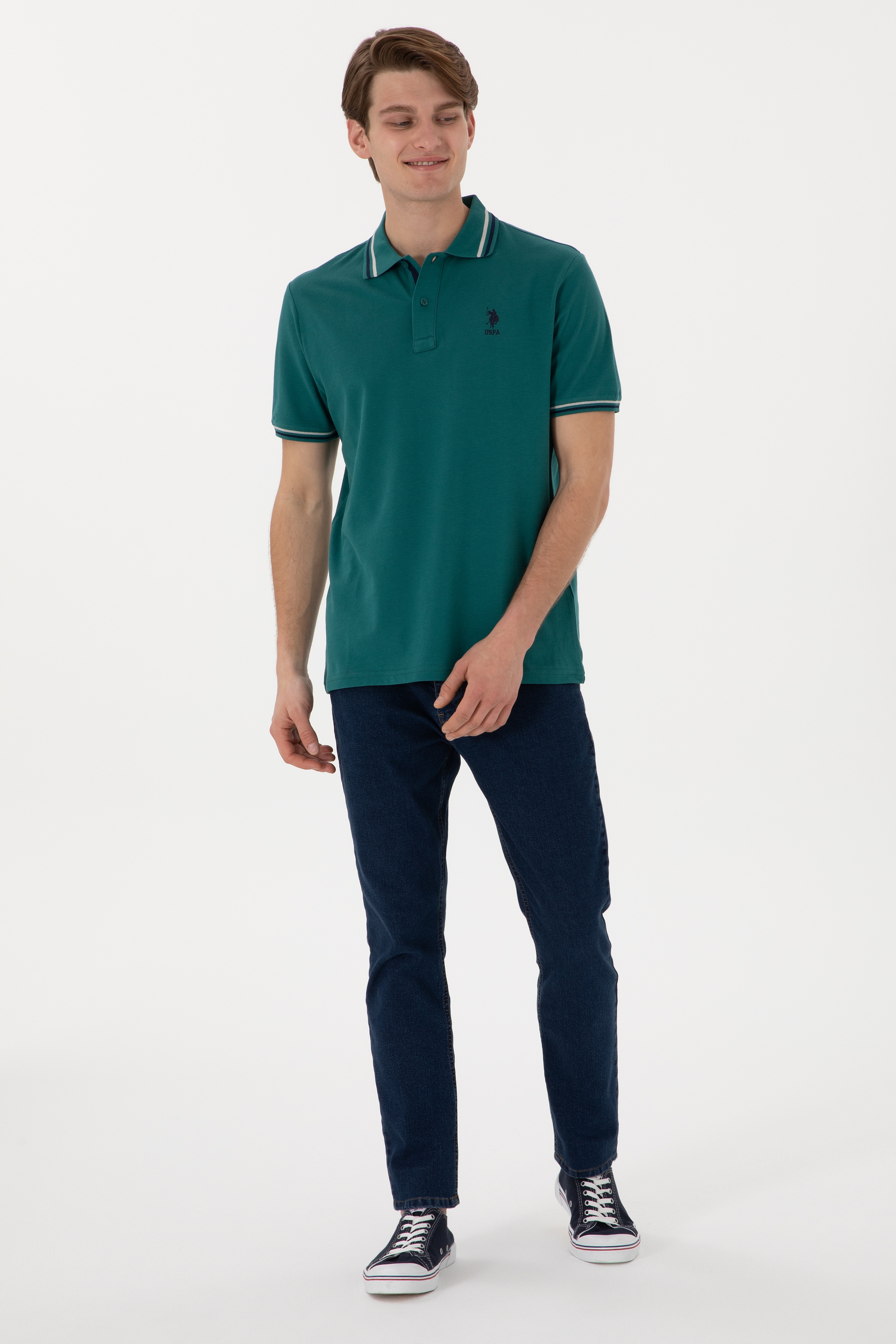 Erkek Regular Fit Polo Yaka Koyu Yeşil Basic Tişört