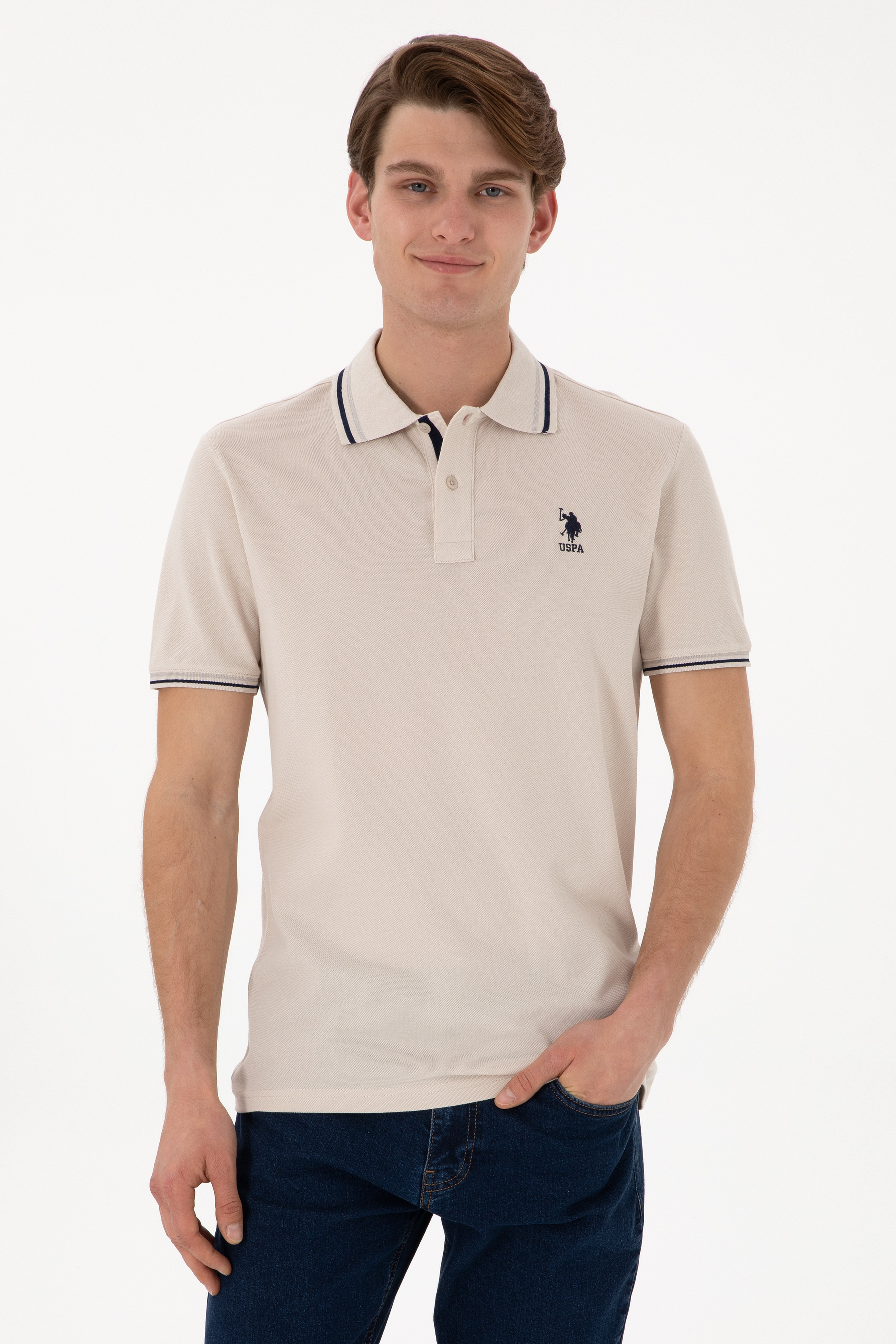 Erkek Regular Fit Polo Yaka Taş Basic Tişört - Image 1