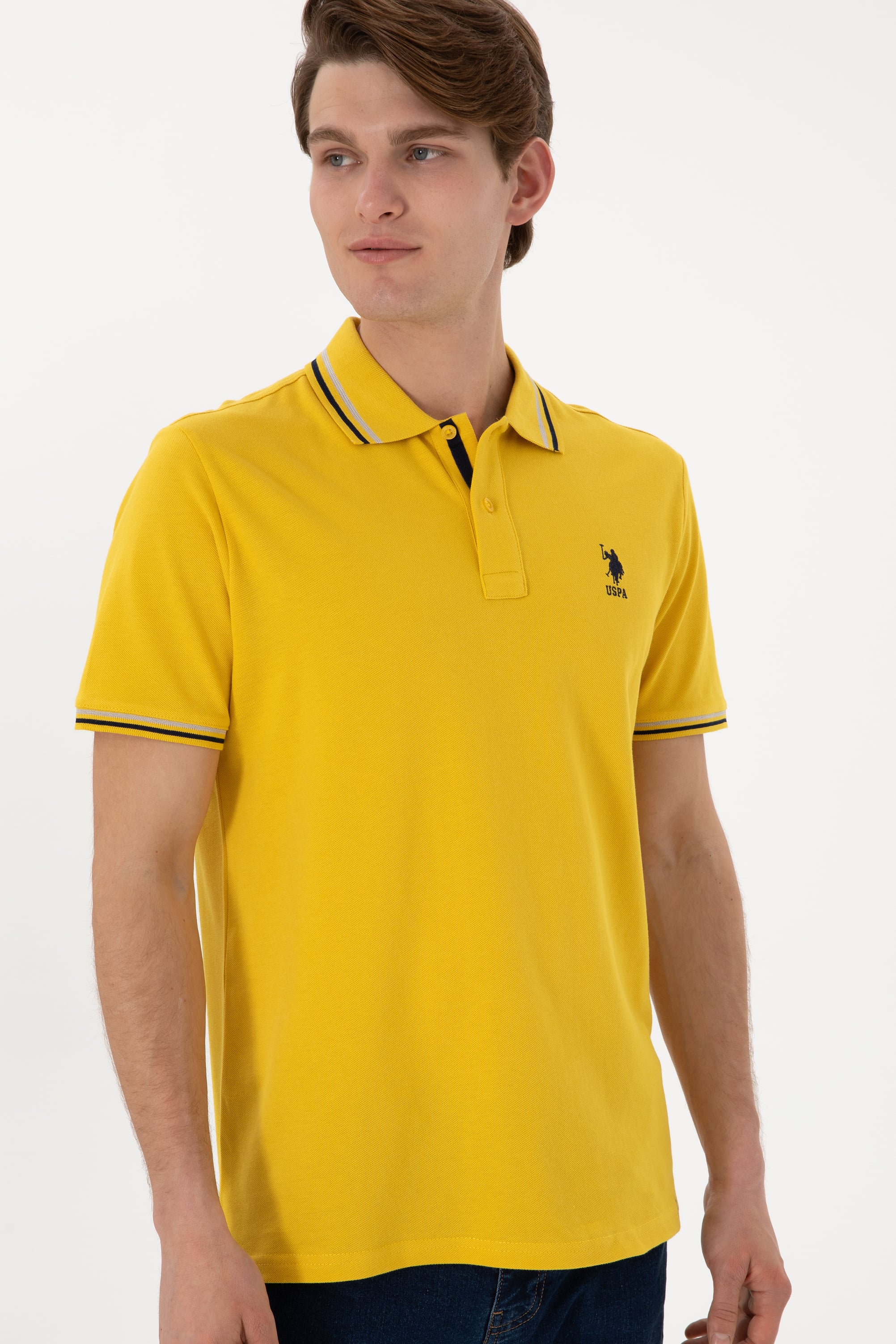 Erkek Regular Fit Polo Yaka Sarı Basic Tişört