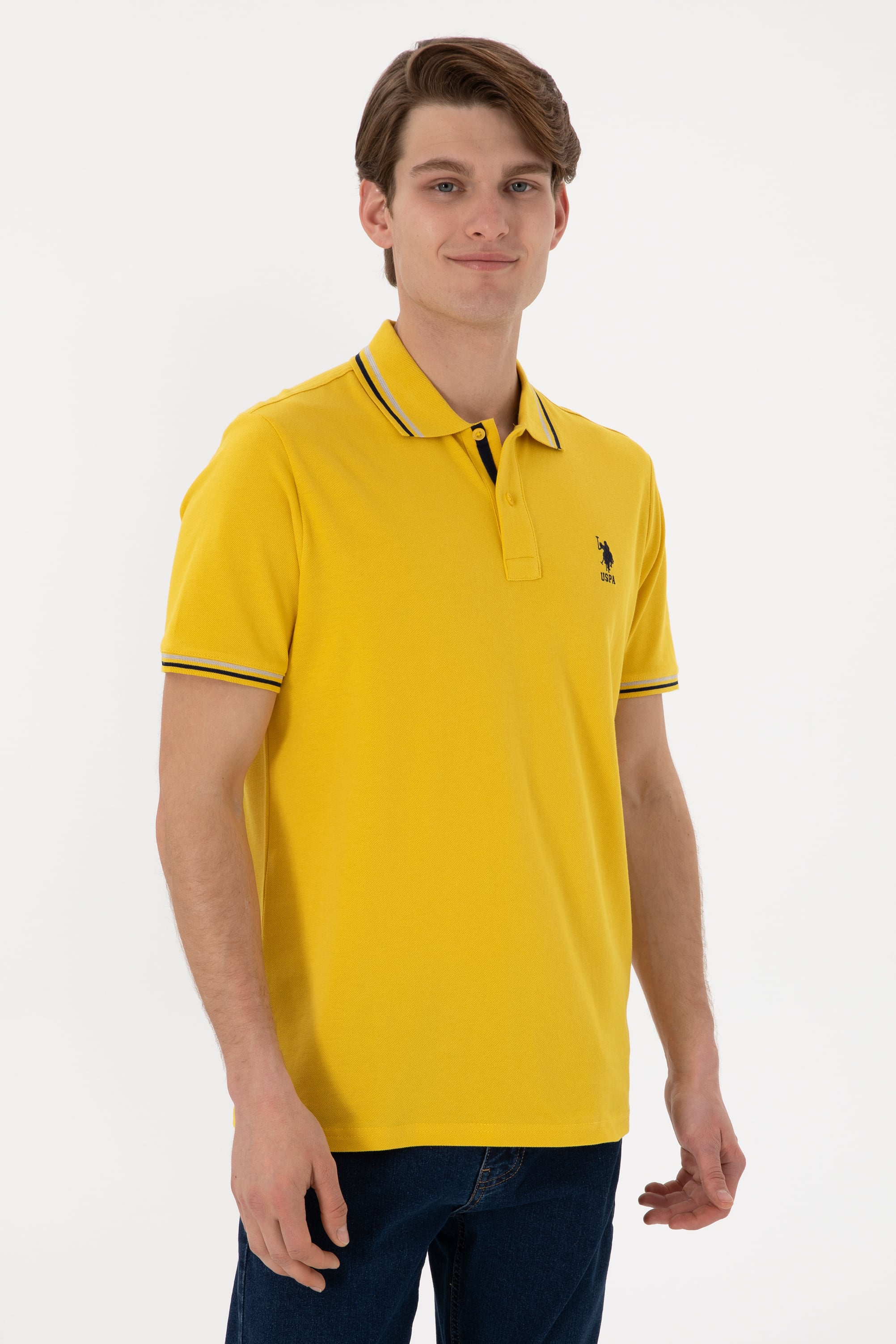 Erkek Regular Fit Polo Yaka Sarı Basic Tişört - Image 2