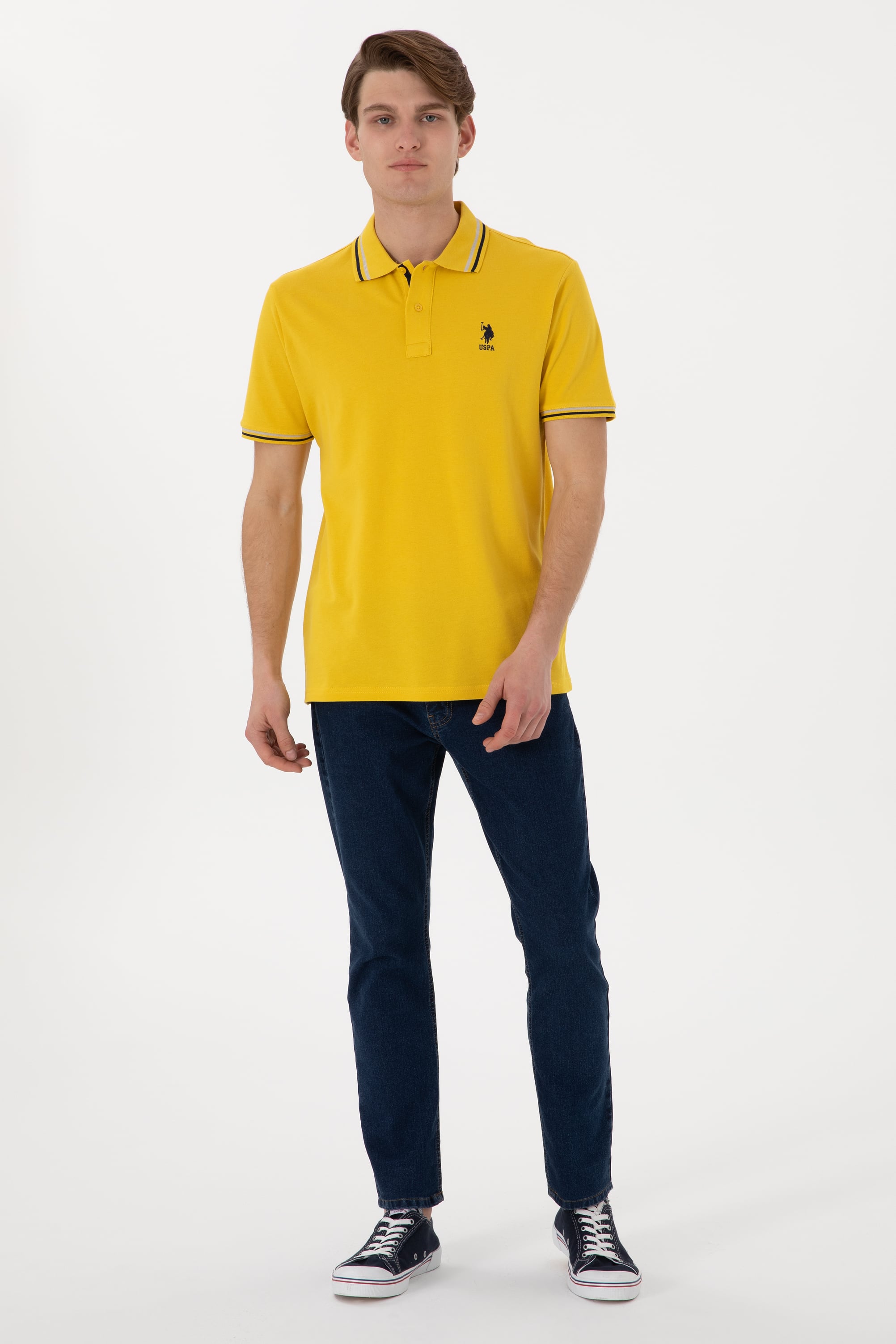 Erkek Regular Fit Polo Yaka Sarı Basic Tişört