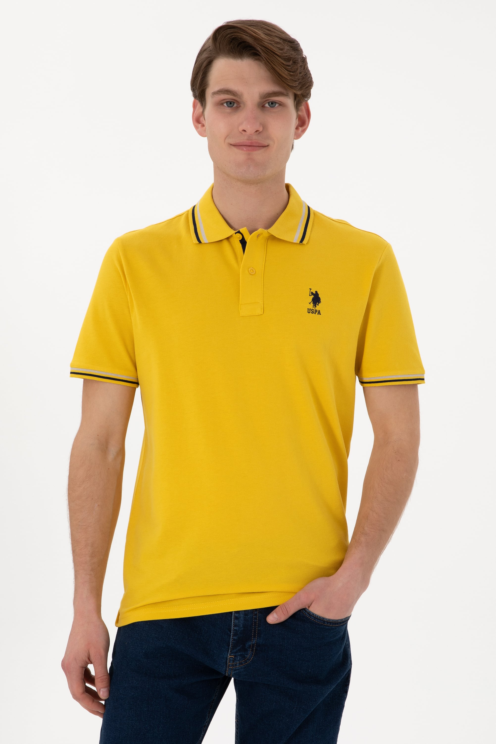 Erkek Regular Fit Polo Yaka Sarı Basic Tişört - Image 1