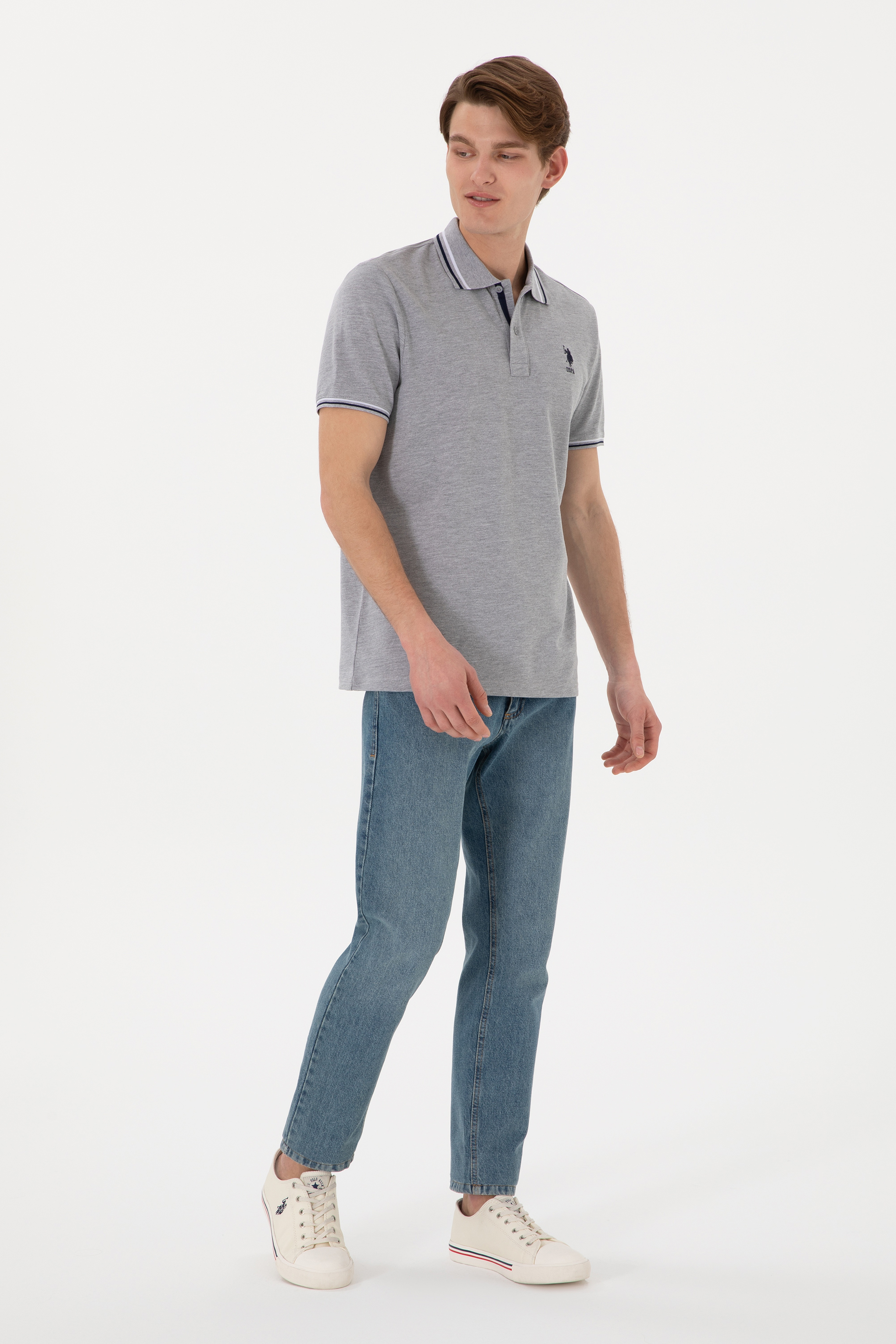 Erkek Regular Fit Polo Yaka Gri Melanj Basic Tişört