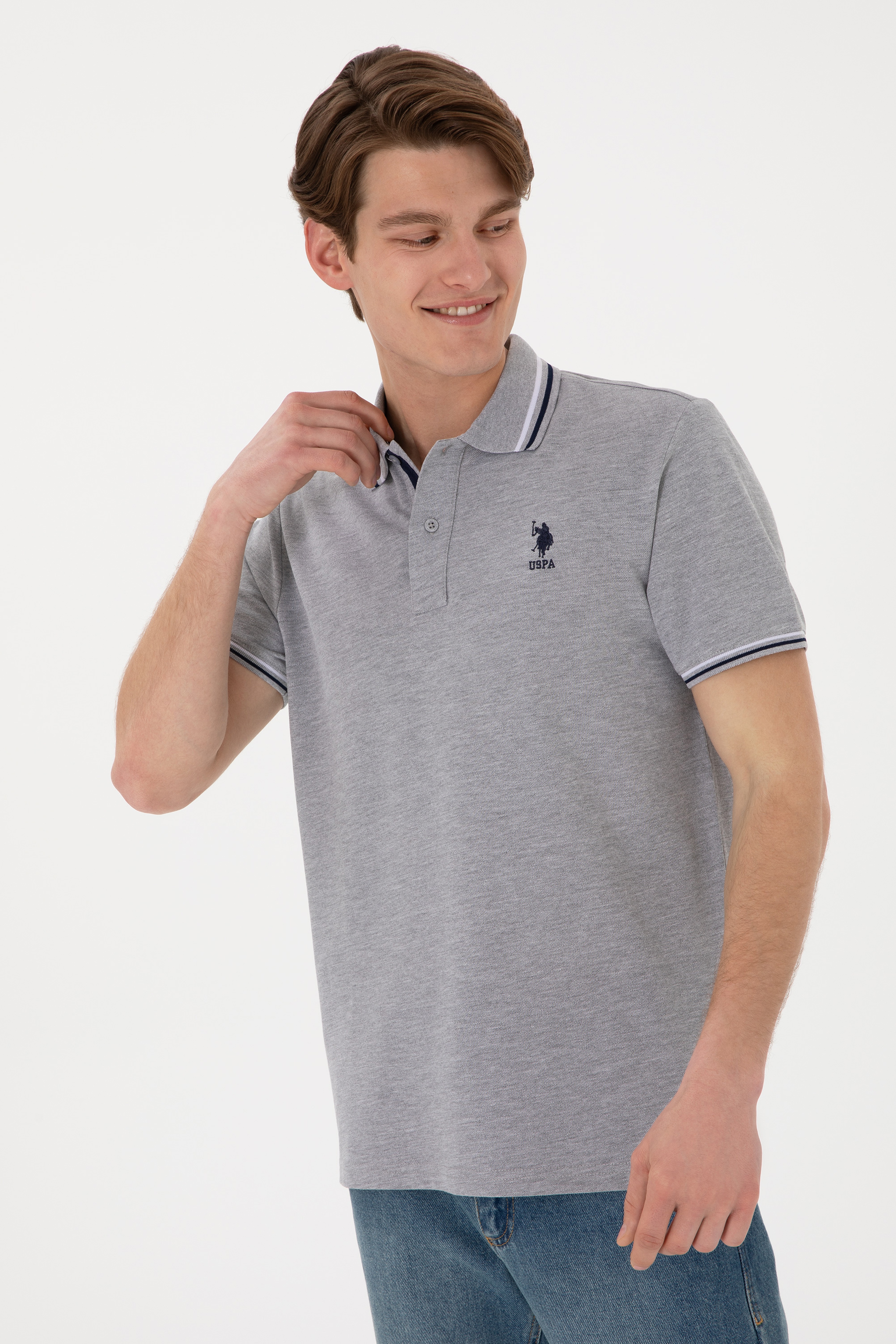 Erkek Regular Fit Polo Yaka Gri Melanj Basic Tişört - Image 4