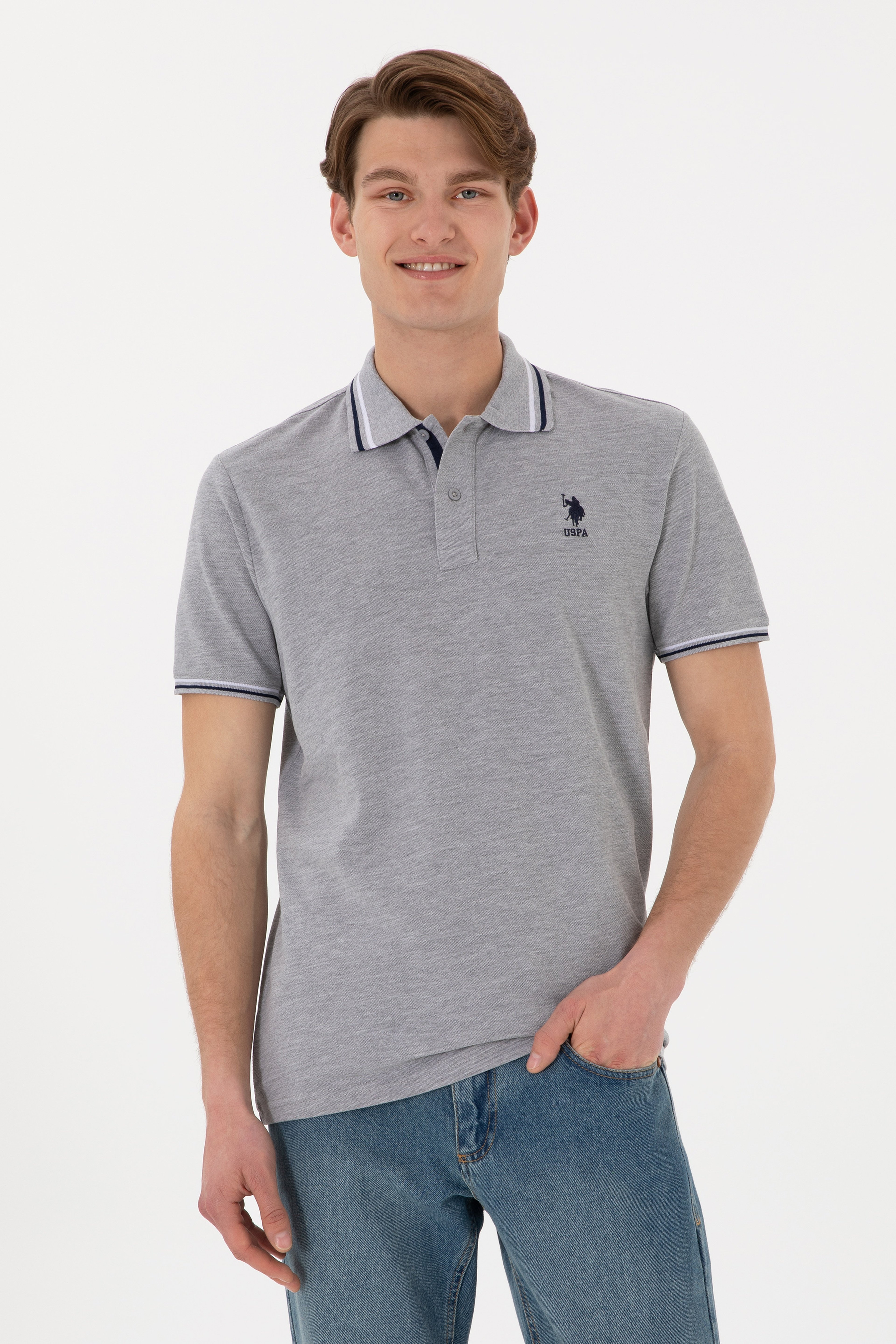 Erkek Regular Fit Polo Yaka Gri Melanj Basic Tişört - Image 1