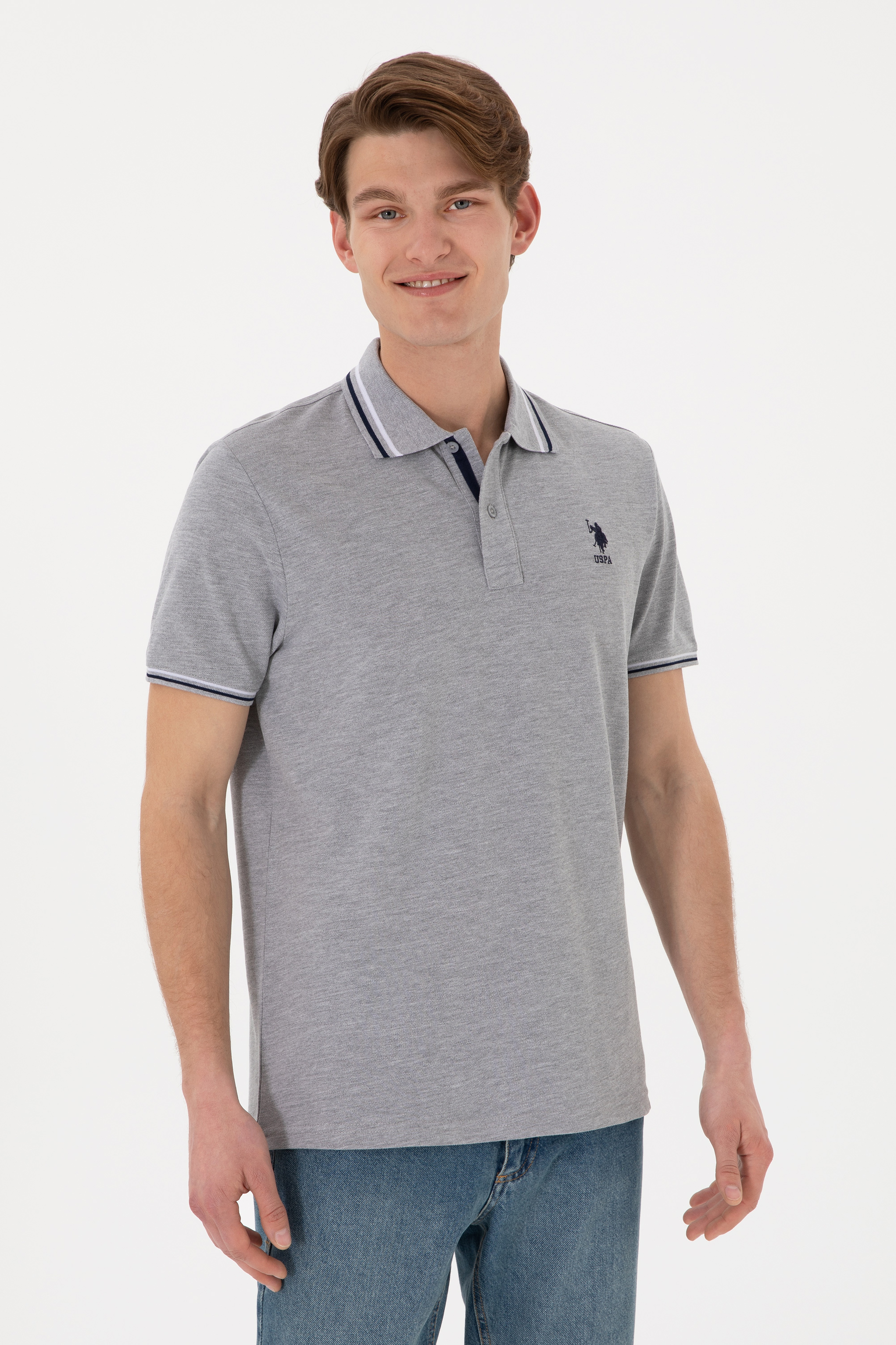Erkek Regular Fit Polo Yaka Gri Melanj Basic Tişört - Image 2