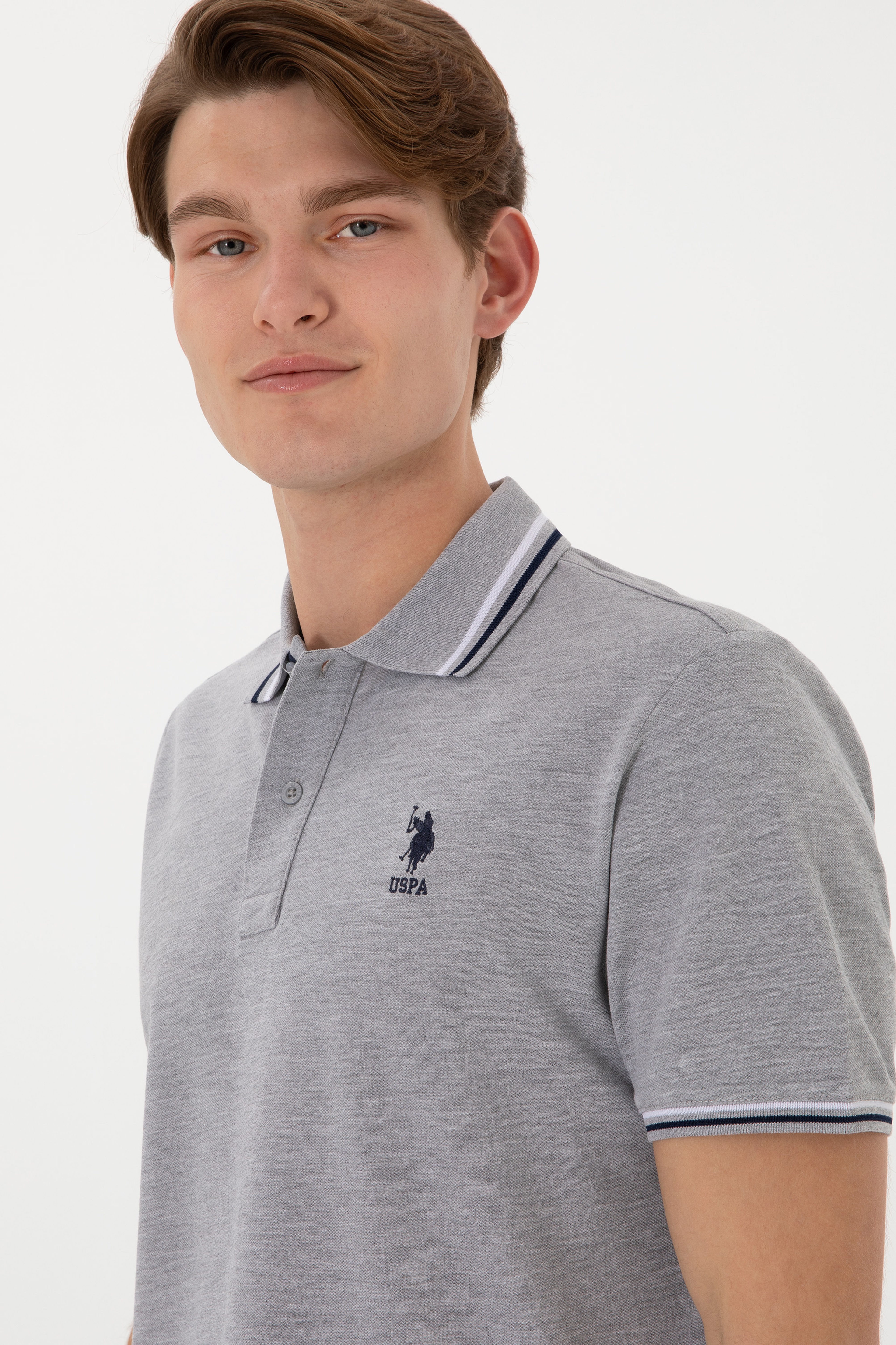 Erkek Regular Fit Polo Yaka Gri Melanj Basic Tişört - Image 3