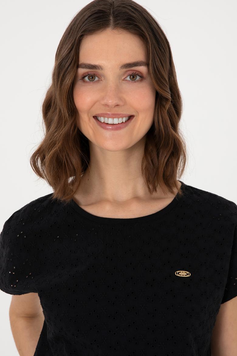 Kadın Siyah Fisto Bisiklet Yaka Tişört - 50308387046