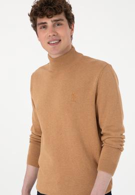 Erkek Slim Fit Yarım Balıkçı Yaka Camel Melanj Basic Kazak - 50288887147