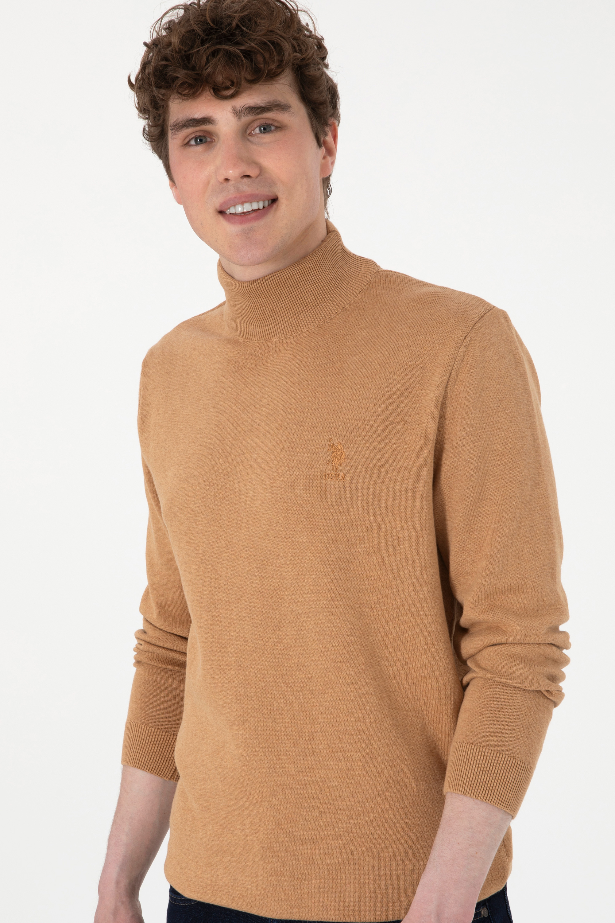 Erkek Slim Fit Yarım Balıkçı Yaka Camel Melanj Basic Kazak - Image 3