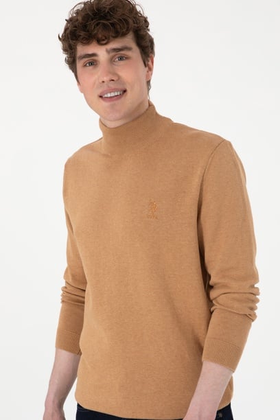 Erkek Slim Fit Yarım Balıkçı Yaka Camel Melanj Basic Kazak
