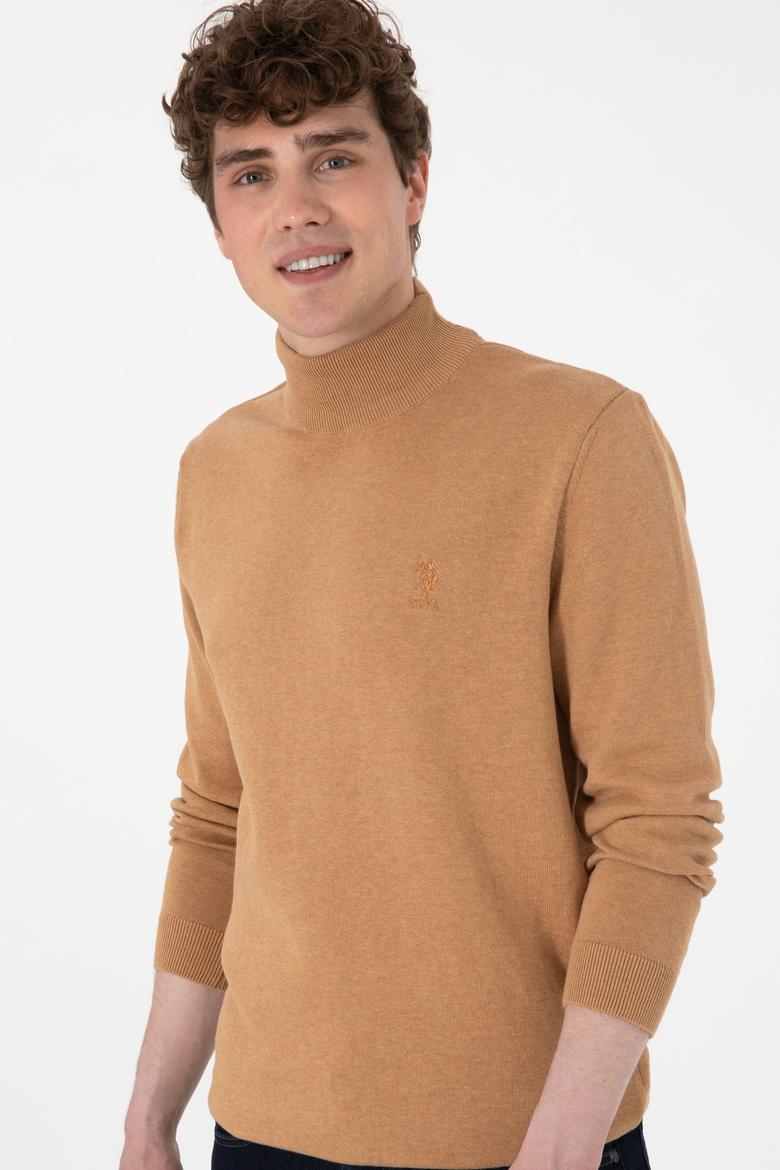 Erkek Slim Fit Yarım Balıkçı Yaka Camel Melanj Basic Kazak - 50288887147